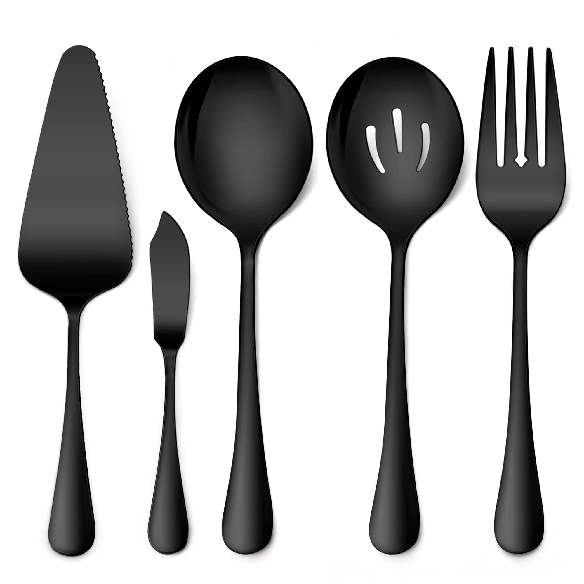 Lianyu 5-Piece Black Serving Utensils Set, Stainless Steel Serving Set Include Serving Spoon Fork, Flatware Serving Pieces For B