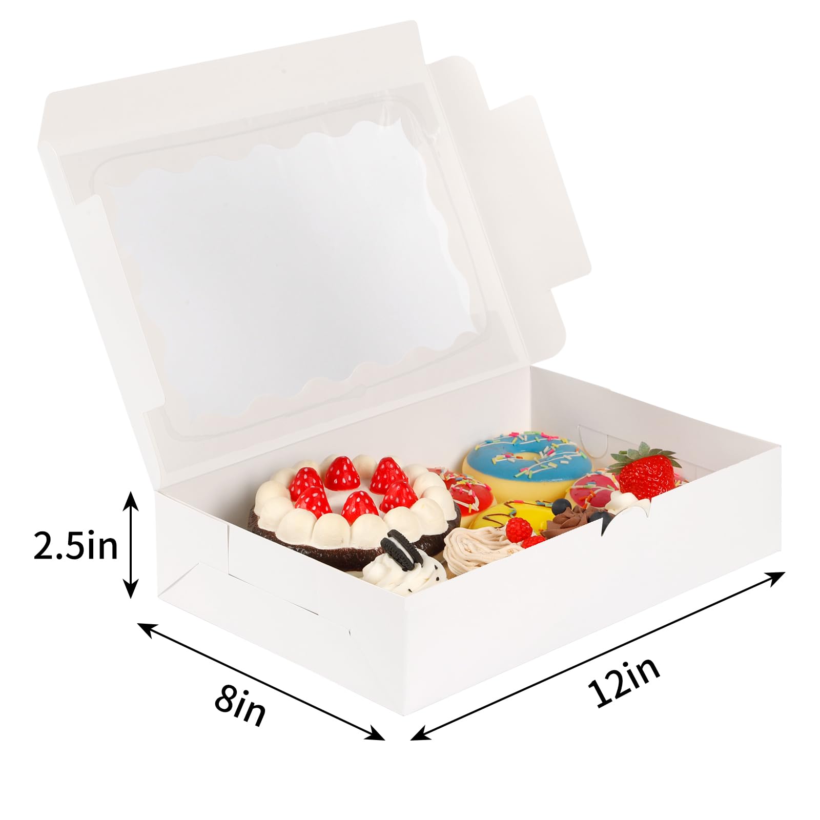 Moretoes 24Pcs Bakery Boxes, 12X8X2.5 Inches,Treat Boxes With Window For Chocolate Covered Strawberries, Pastries, Cookies, Dess