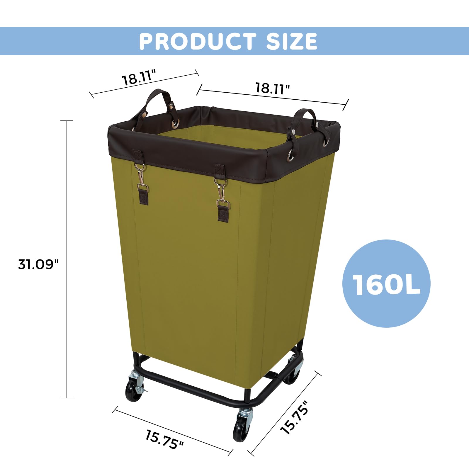 Flybox Laundry Hamper With Wheels, 160L Capacity, Steel Frame, Removable Canvas Bag, Dark Green