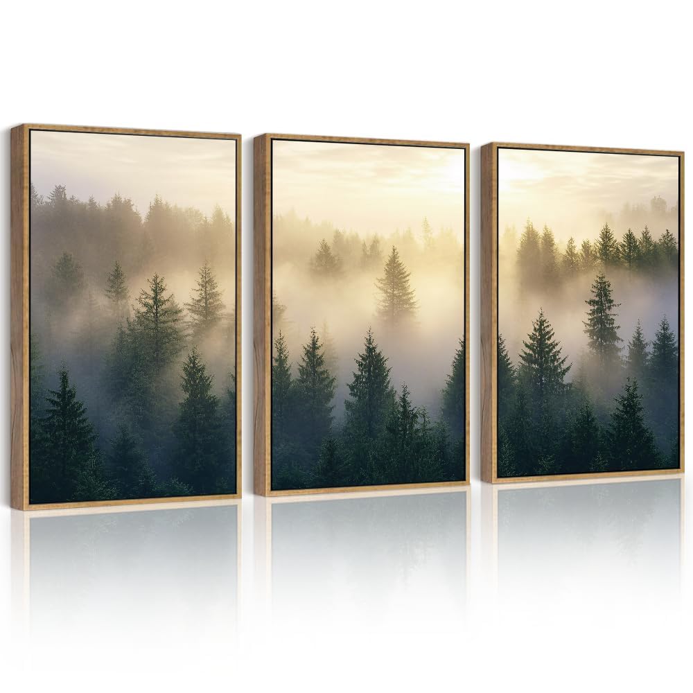 Phopago Misty Nordic Forests Framed Wall Art 16X24In Nature Fog Pine Tree Morden Paints Home Decor For Home Office Living Room -