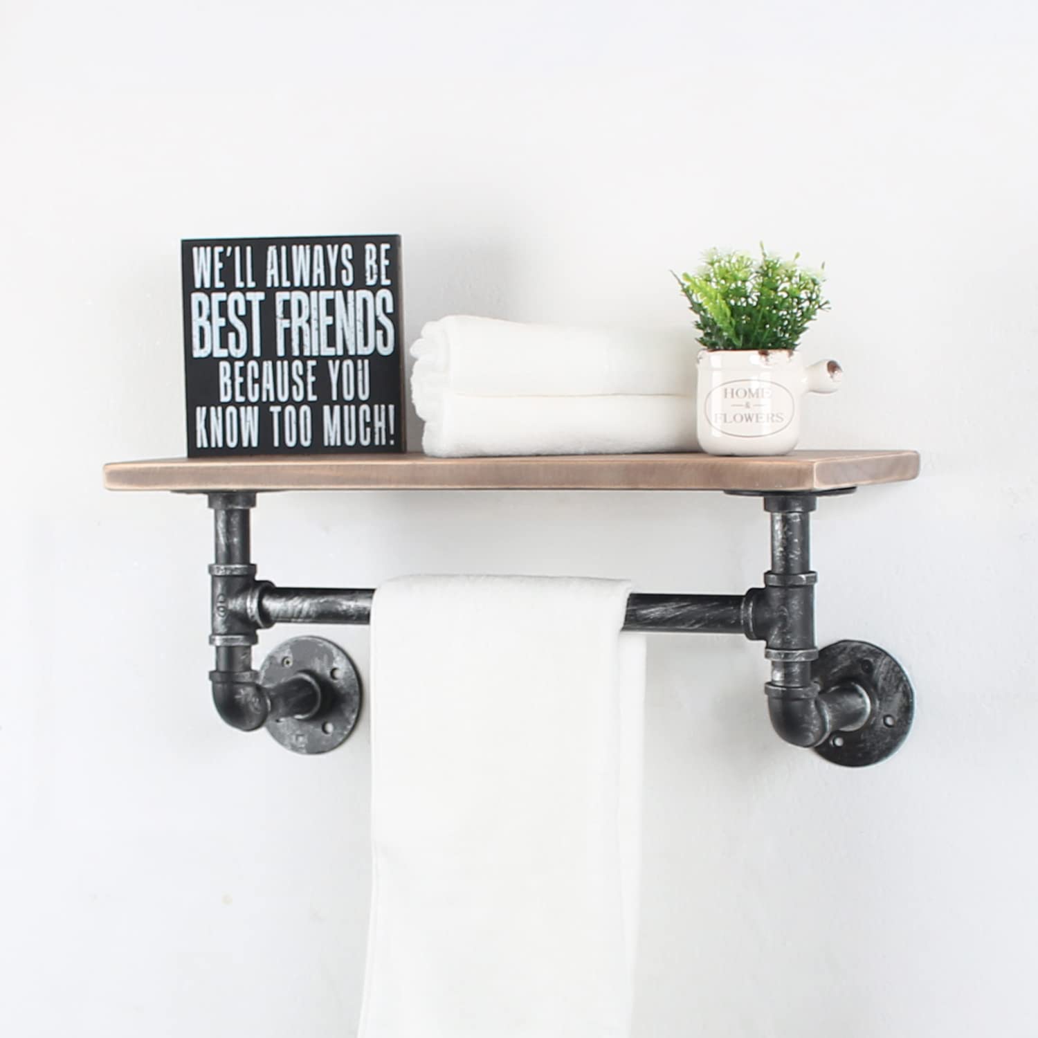 Industrial Pipe Shelf Bathroom Shelves Wall Mounted 19.6in Rustic Wood Shelf with Towel Bar 1 Tier Farmhouse Towel Rack Over Toilet Pipe Shelving Floating Shelves Towel Holder Retro Grey