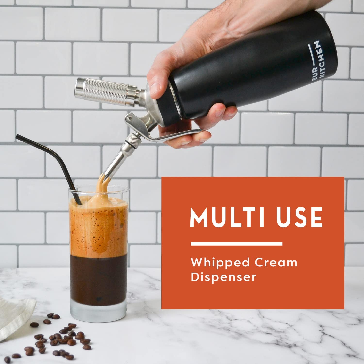 EurKitchen Stainless Steel Whipped Cream Dispenser - 3 Nozzles & Brush, 1 Pint, Leak-Free, Model EK-SSWHIP-19, Black - Stainless Steel