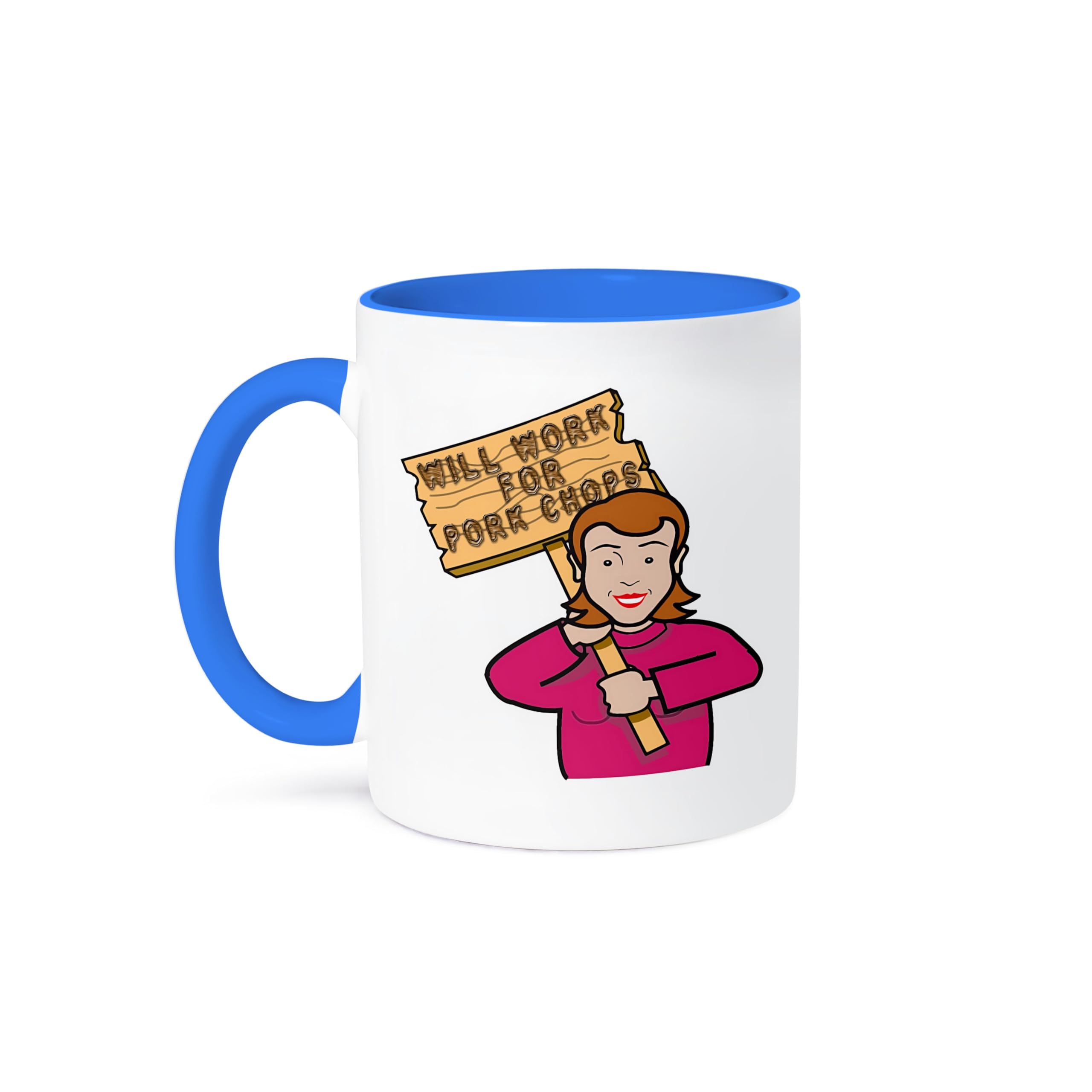 3dRose Funny Humorous Woman Girl With A Sign Will Work For Pork Chops 11oz Two-Tone Blue Mug