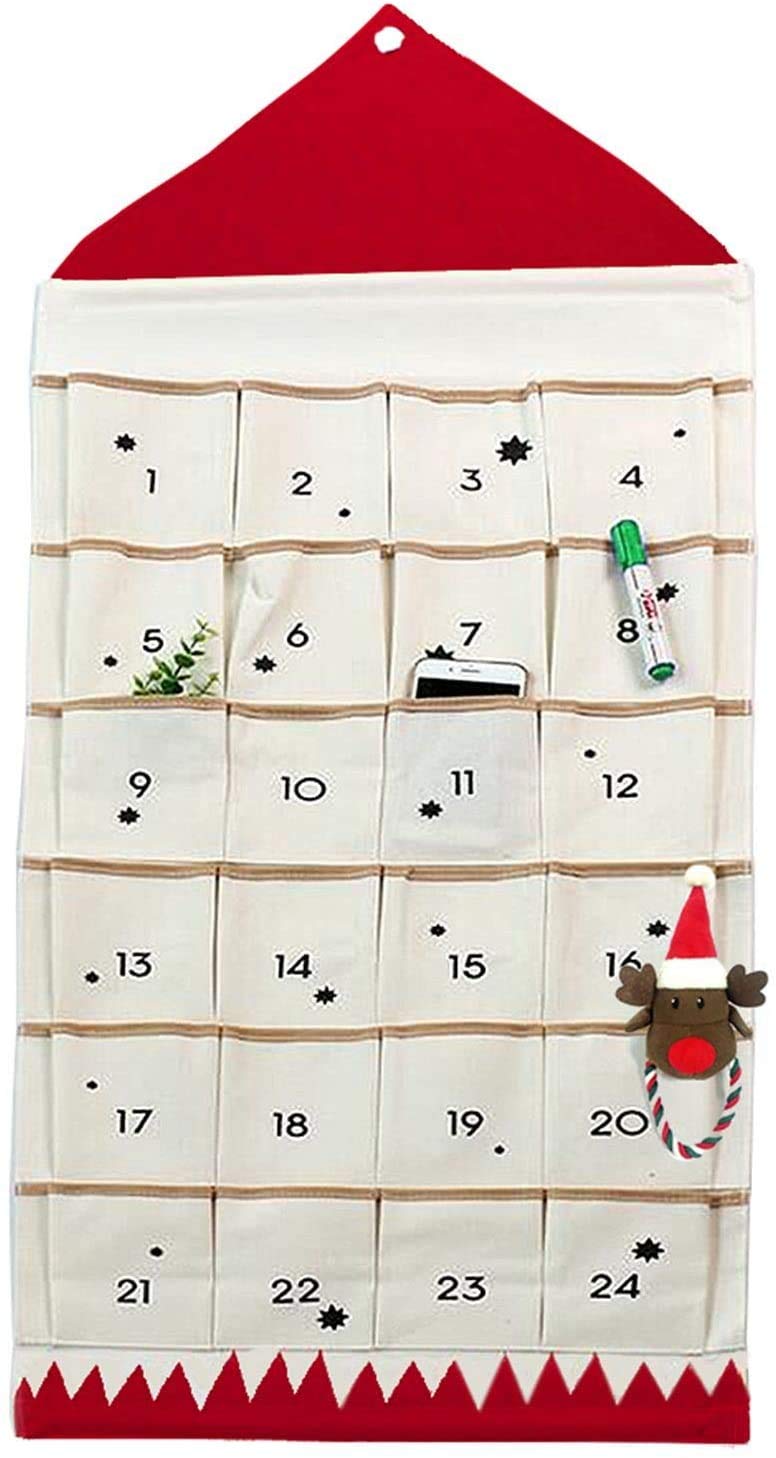 Christmas Advent Calendar with Pockets Wall Hanging Bag for Home Xmas Countdown Decoration (Red)
