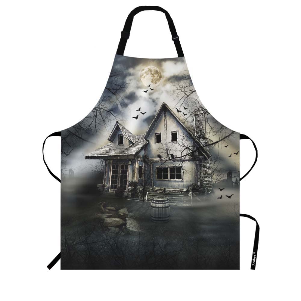 Beabes Haunted House Chef Apron 27 X 31 Inch, Halloween Castle Haunted House Wooden Tree Moon Non-Pilling Bib Apron For Bbq Gril