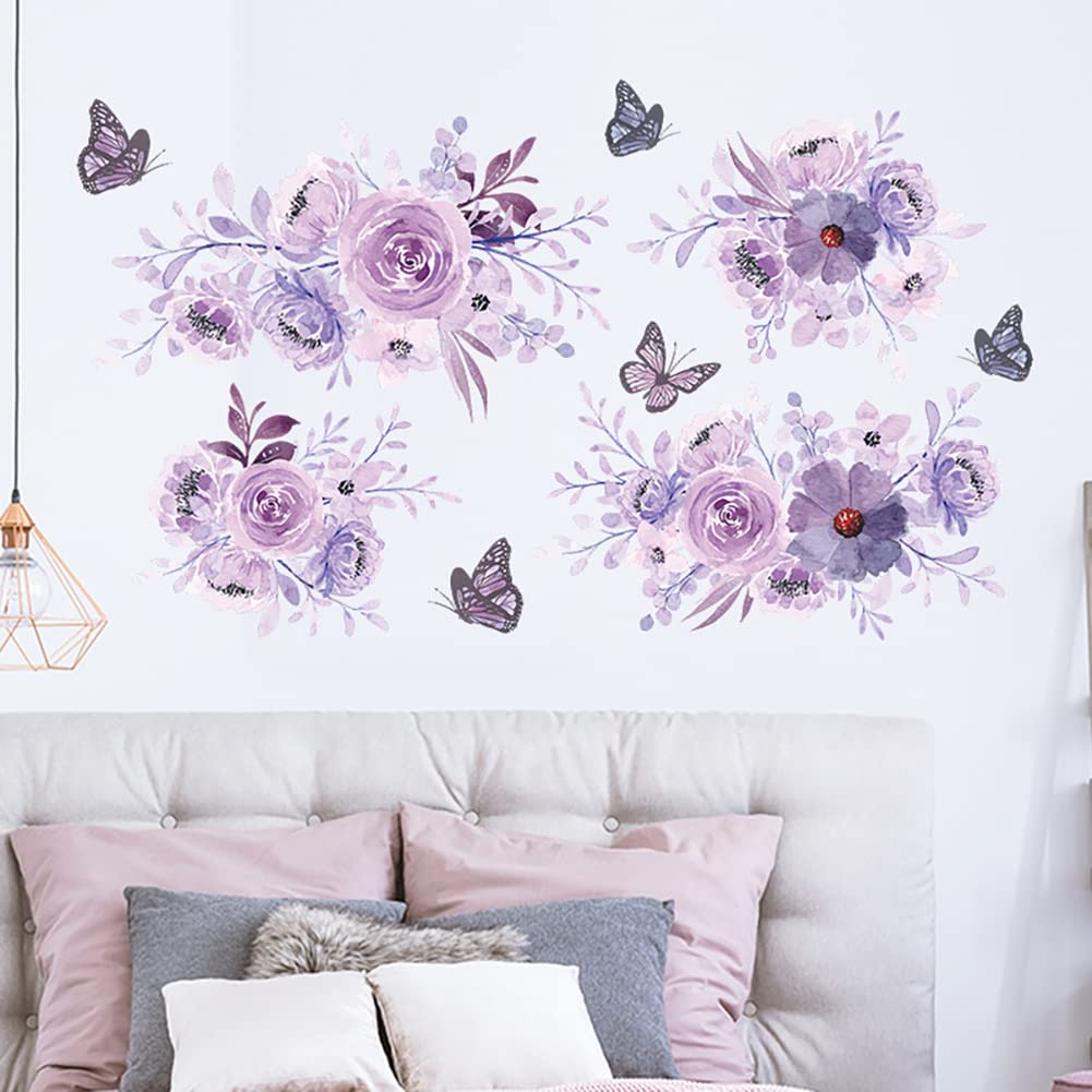Runtoo Peony Flower Wall Decals Purple Floral Butterfly Wall Art Stickers for Girls Bedroom Living Room Bathroom Nursery Home Decor