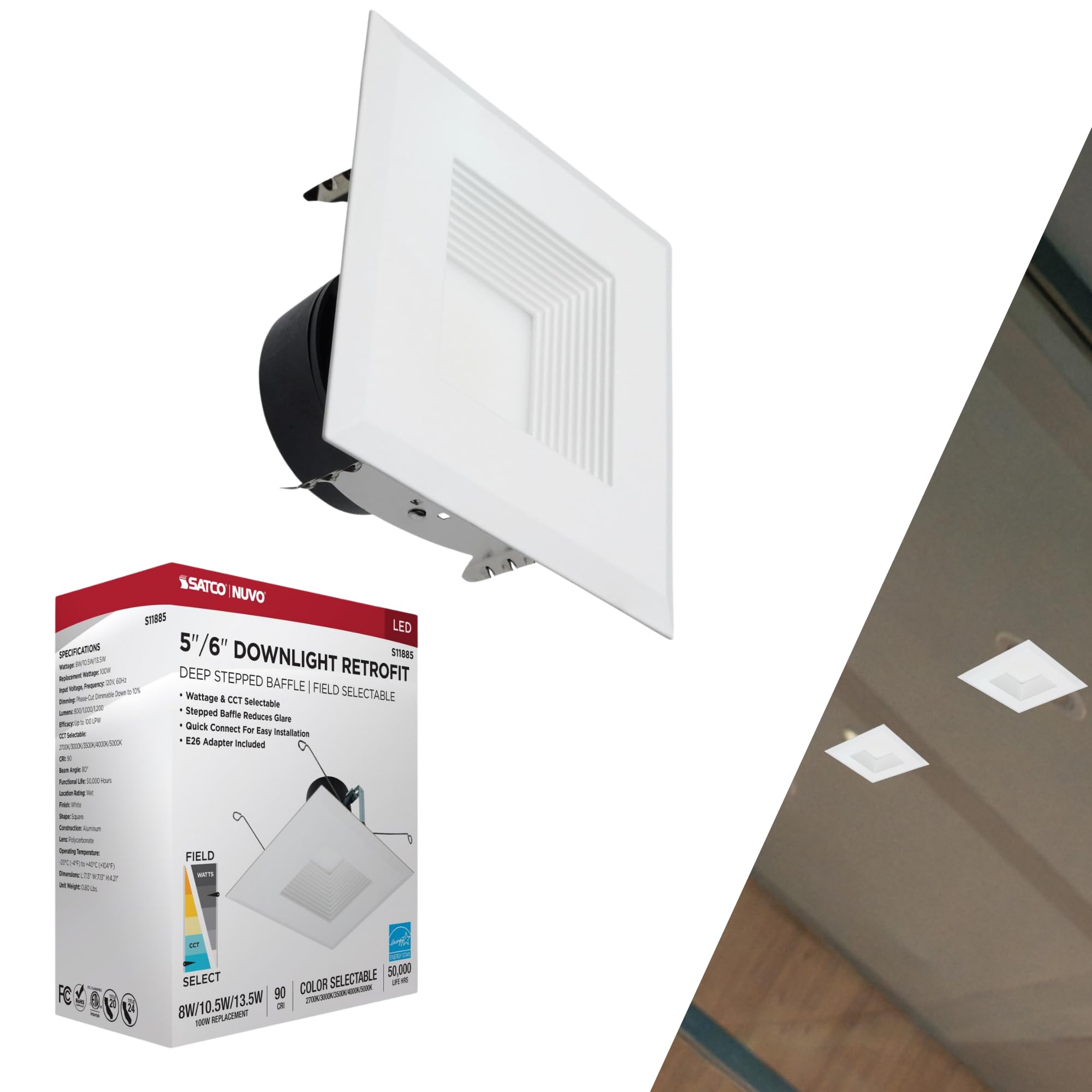 Satco S11885 5-6 Square LED Downlight Retrofit, Deep Baffle, 8W/10.5W/13.5W, 5CCT (2700K-5000K), Dimmable, 120V, 800-1200 Lumens