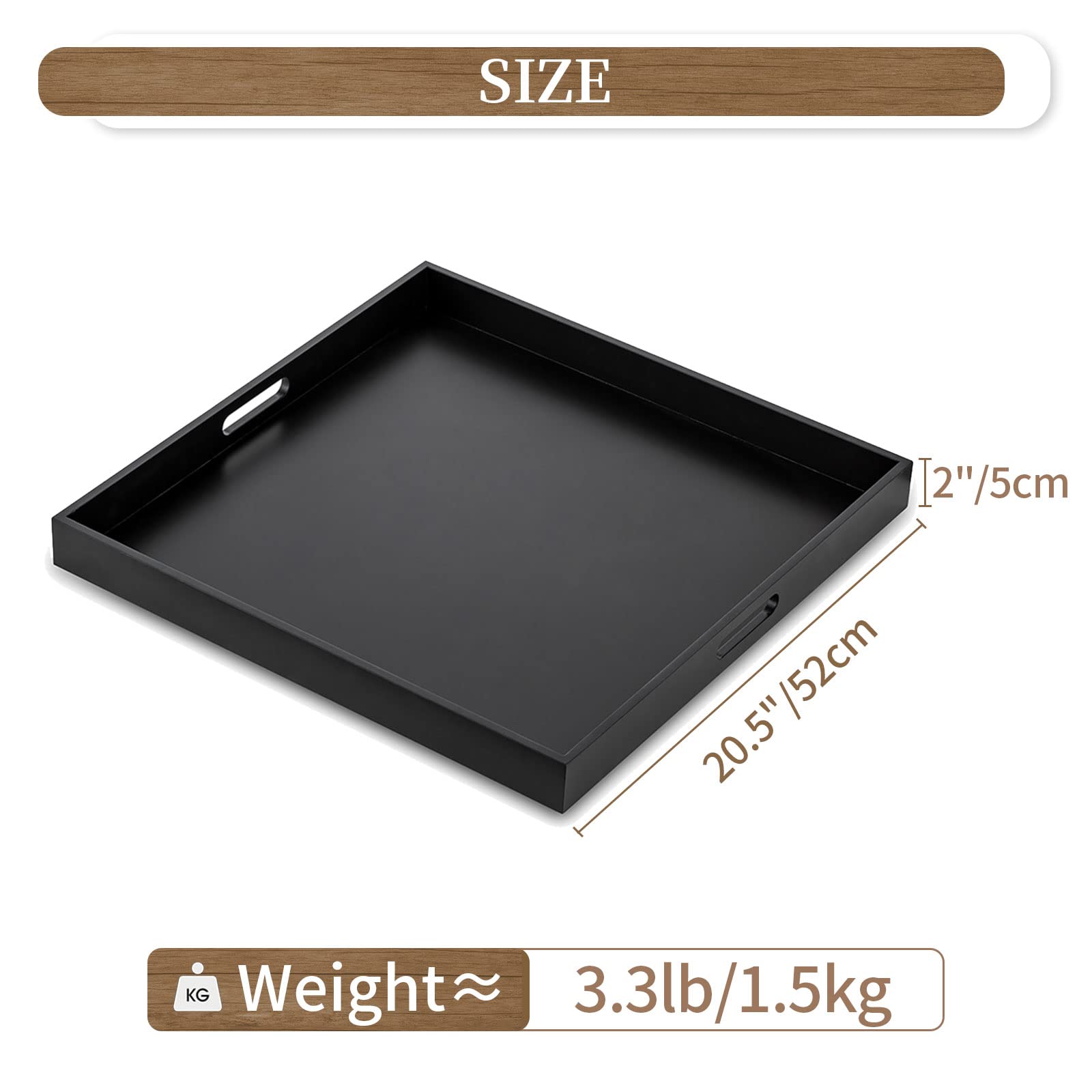 Hanobe Square Large Ottoman Tray: Modern Extra Large Black Serving Decorative Trays With Cutout Handles For Living Room Coffee T