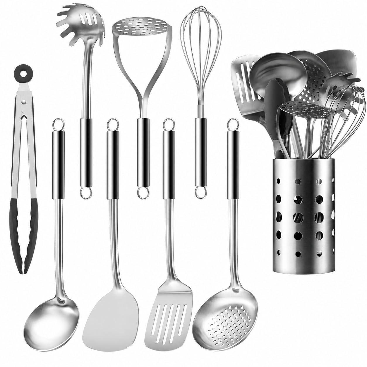 Pleafind Cooking Utensils Set  9 PCS Stainless Steel Kitchen Utensils Set with Utensil Holder, Heat Resistant Wok Utensils Set,