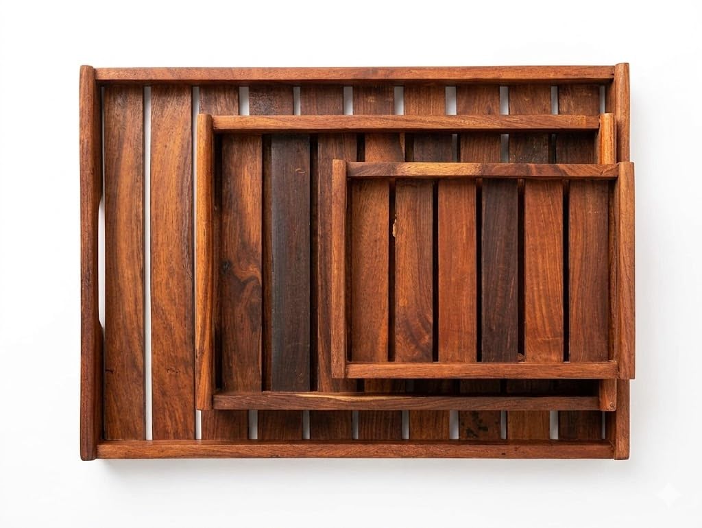 Wooden Tray Set Of 3 For Breakfast & Dining Table Serving | Rectangular Serving Trays With Cutout Handles | Natural Brown Food T