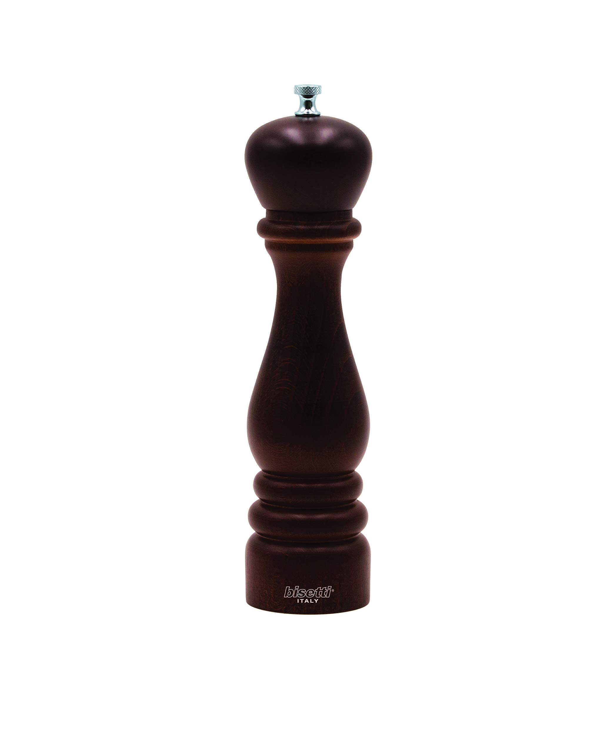 Bisetti 9.5 Inch Roma Beech Wood Pepper Mill With Adjustable Carbon Steel Grinder With Walnut Finish, Made In Italy