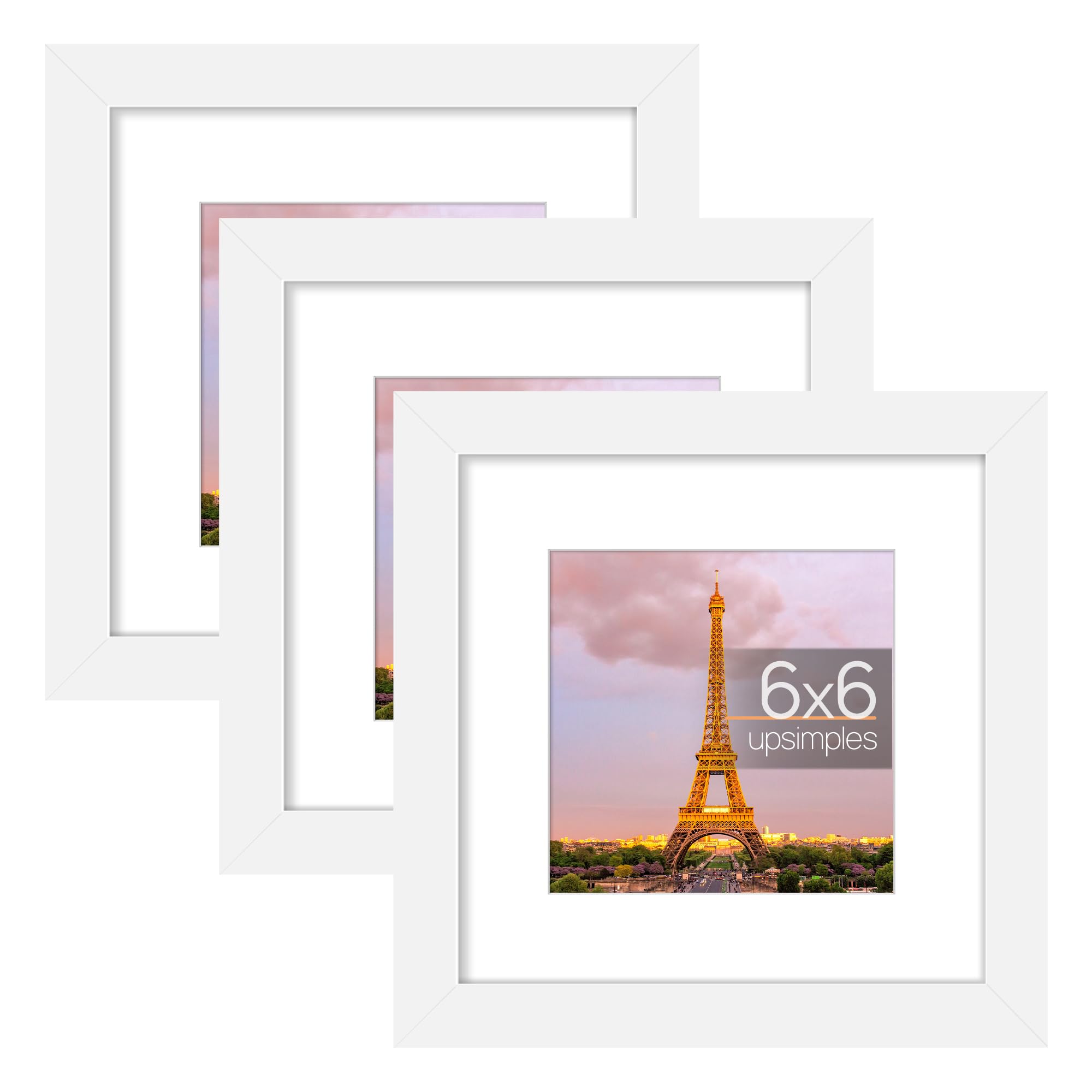 upsimples 6x6 Picture Frame Set of 3, Made of High Definition Glass for 4x4 with Mat or 6x6 Without Mat, Wall and Tabletop Displ