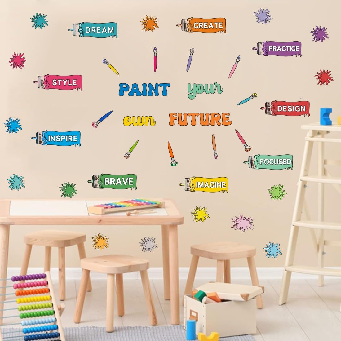 Yimehdan Colorful Paintbrush With Paint Splatter Wall Decal, Paint Your Own Future Inspirational Quote Vinyl Wall Stickers, Remo