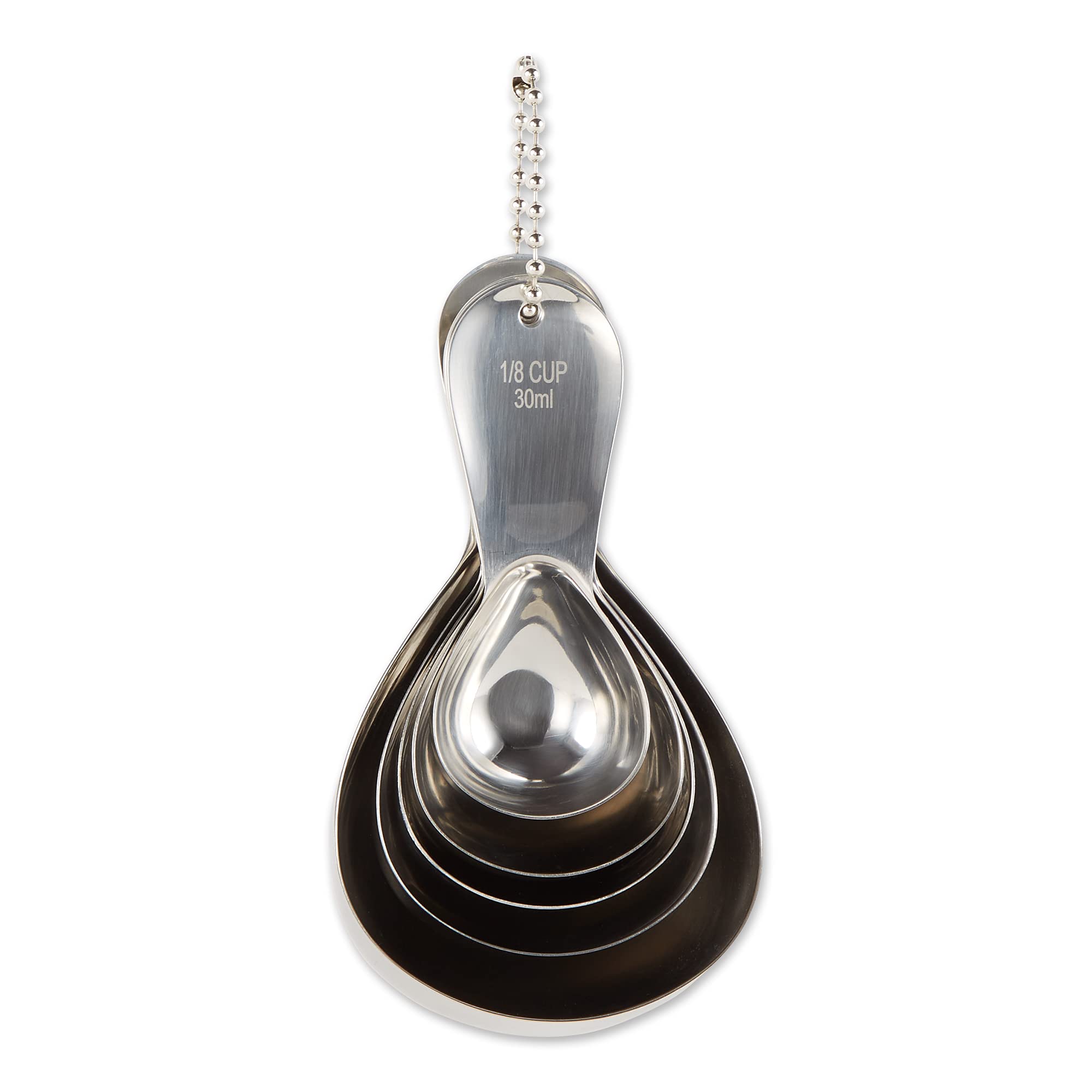 RSVP International Endurance Stainless Steel Oval Measuring Cups  Set of 4 | 1/8 Cup to 1 Cup Measurements | Nest for Easy Storage | Dishwasher Safe | Dry or Liquid | Baking or Cooking