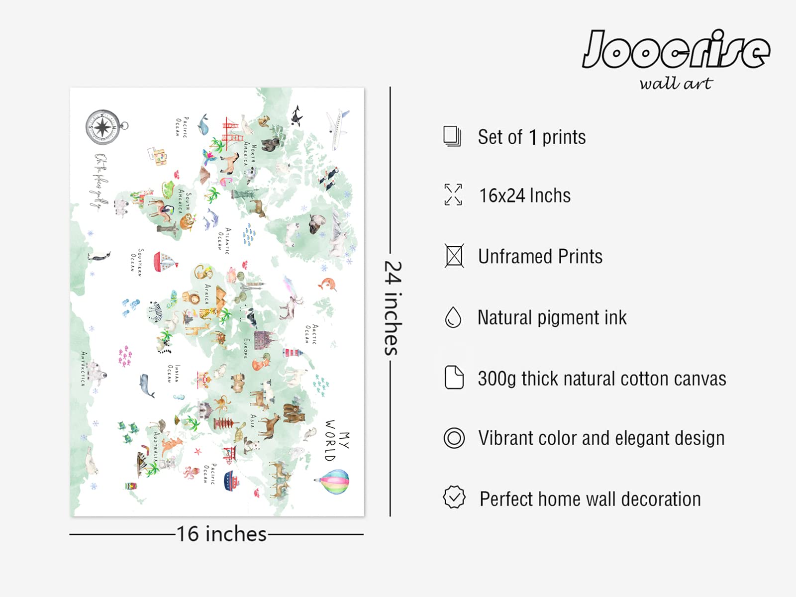 Joocrise Green Kids World Map Wall Art Animal Map Canvas Wall Art Educational Wall Art Nursery Wall Decor World Map Poster Child