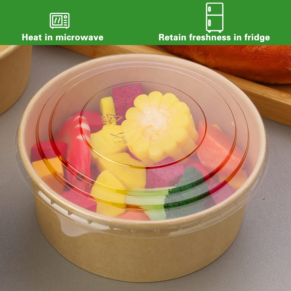 Giwrmu Paper Salad Bowls With Clear Lids, 750 Ml Disposable Round Shape Kraft Food Containers Suit For Bbq, Gatherings And Parti