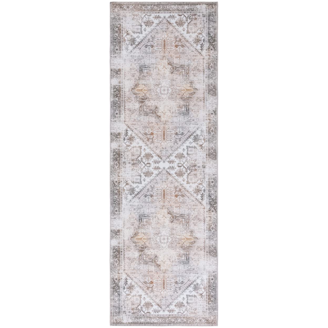 SAFAVIEH Tucson Collection Runner Rug - 26 x 14, Beige & Grey, Persian Design, Non-Shedding Machine Washable & Slip Resistant 