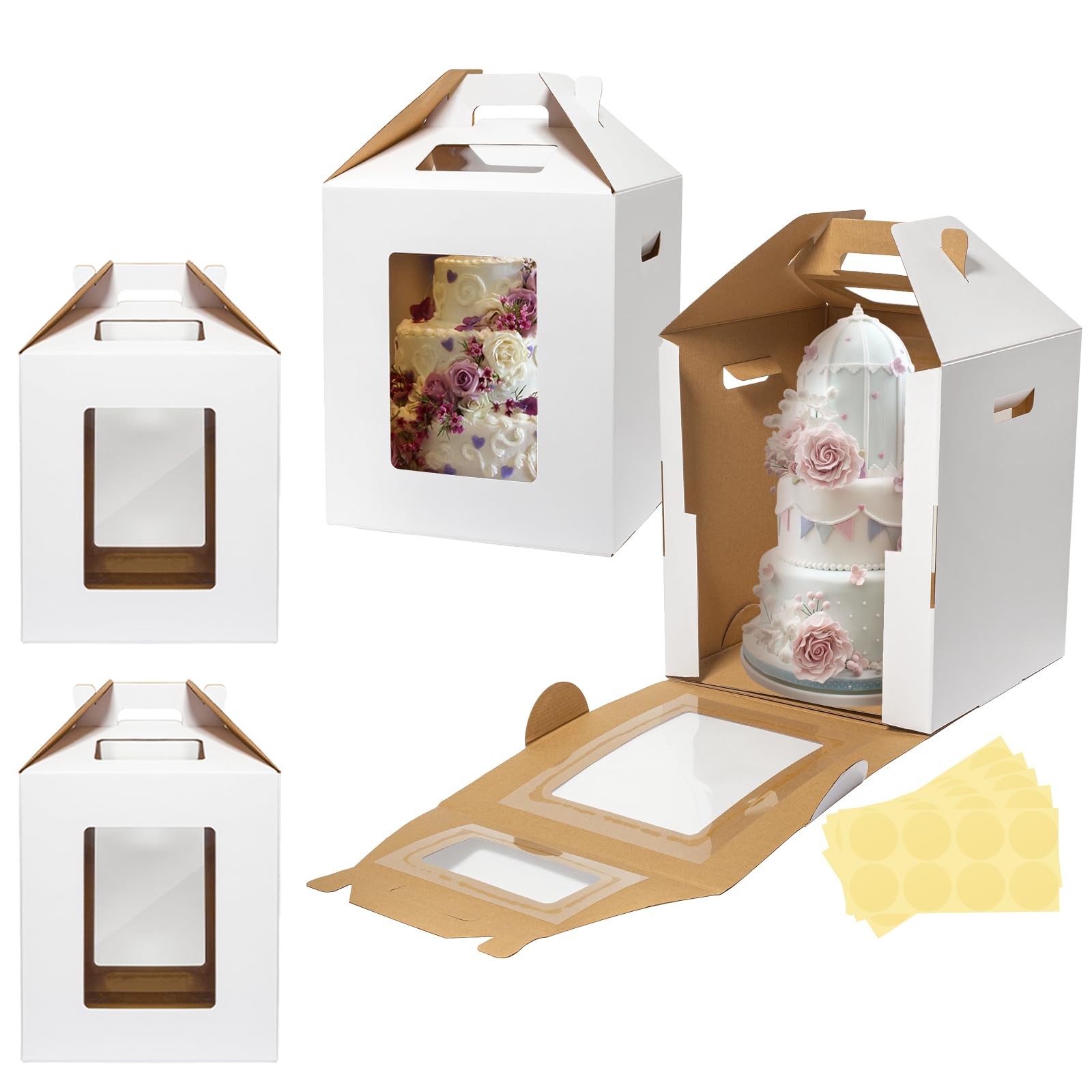 Wowxyz 4 Pack 2 Sizes Tall Cake Boxes for Tier Cakes 10x10x12 & 12x12x14 Inches Disposable Layer Baking Carrier with Window Larg