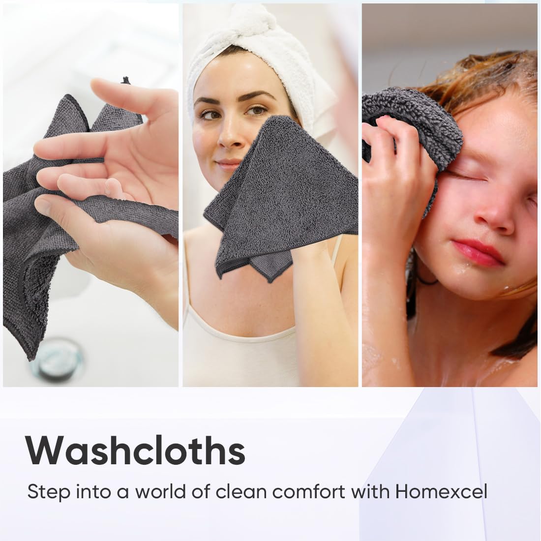 HOMEXCEL Microfiber Washcloths 24 Pack, Highly Absorbent and Soft Face Towel, Multi-Purpose Grey Wash Cloths for Bathroom, Hotel