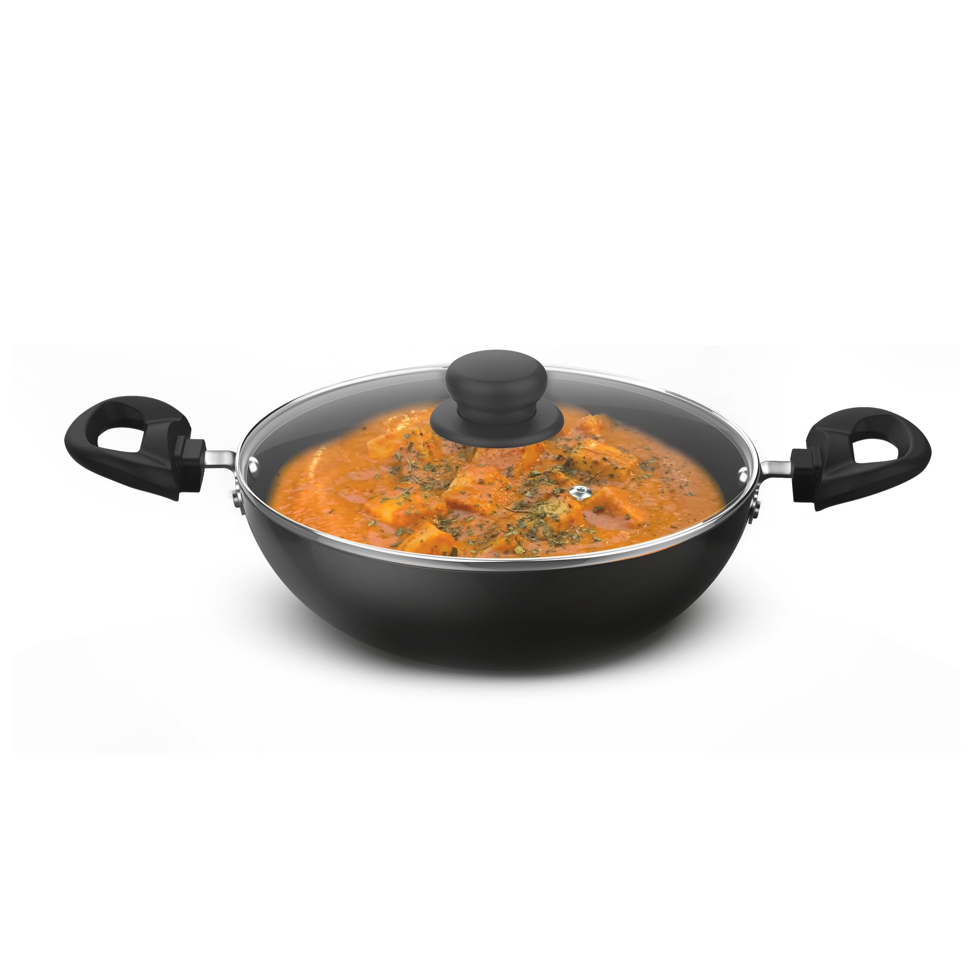 Preethi Daily Collection Non Stick Kadai 24 Cm, With Glass Lid, 5 Star Non Stick Effect, Grey