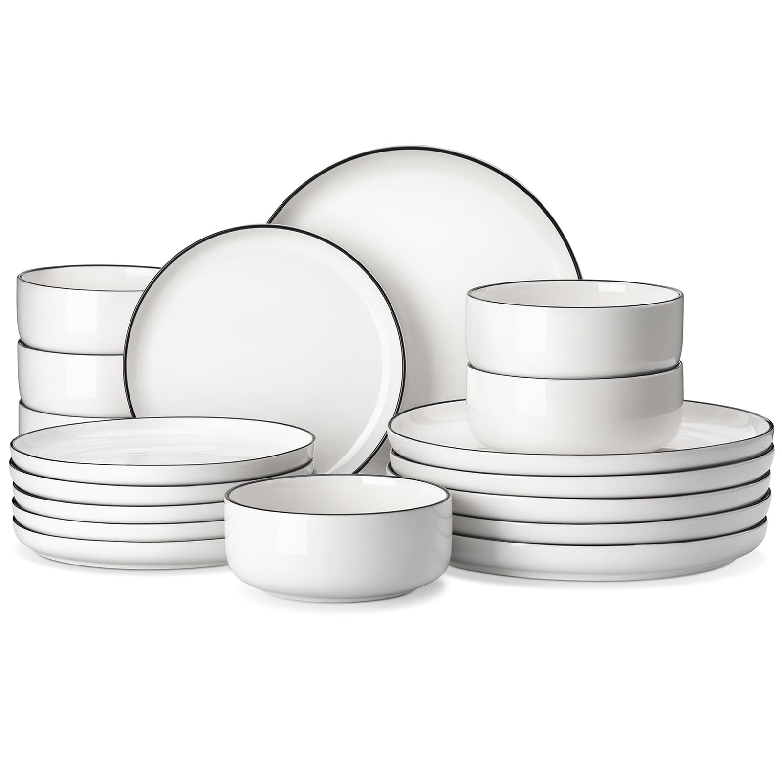 MALACASA Plates and Bowls Sets, 18 Pieces Modern Porcelain Dinnerware Set for 6 White Kitchen Dinner Ware Set wtih Black Rim Cer