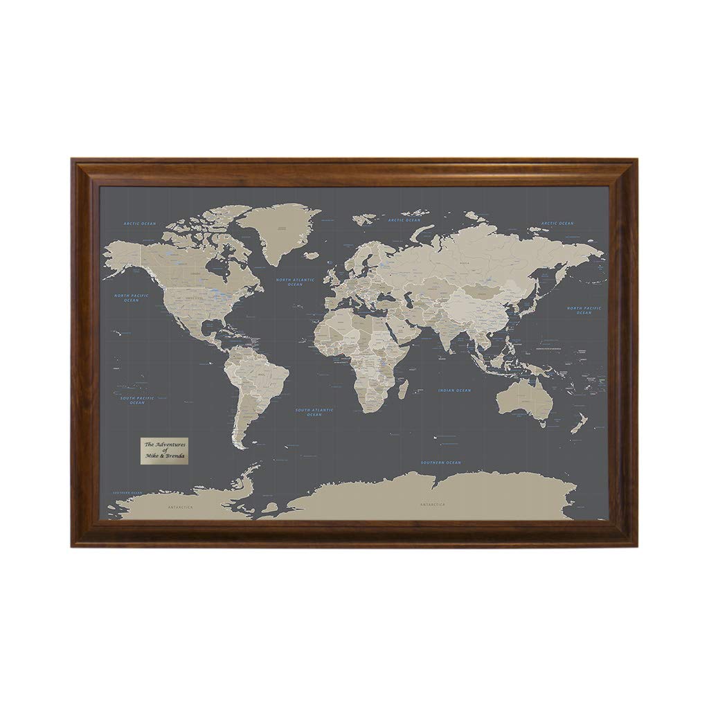 Push Pin Travel Maps - Earth Toned World - Brown Frame Framed Pin Map For Tracking Your Travels - 27.5'' X 39.5'' - 8 Handcrafte