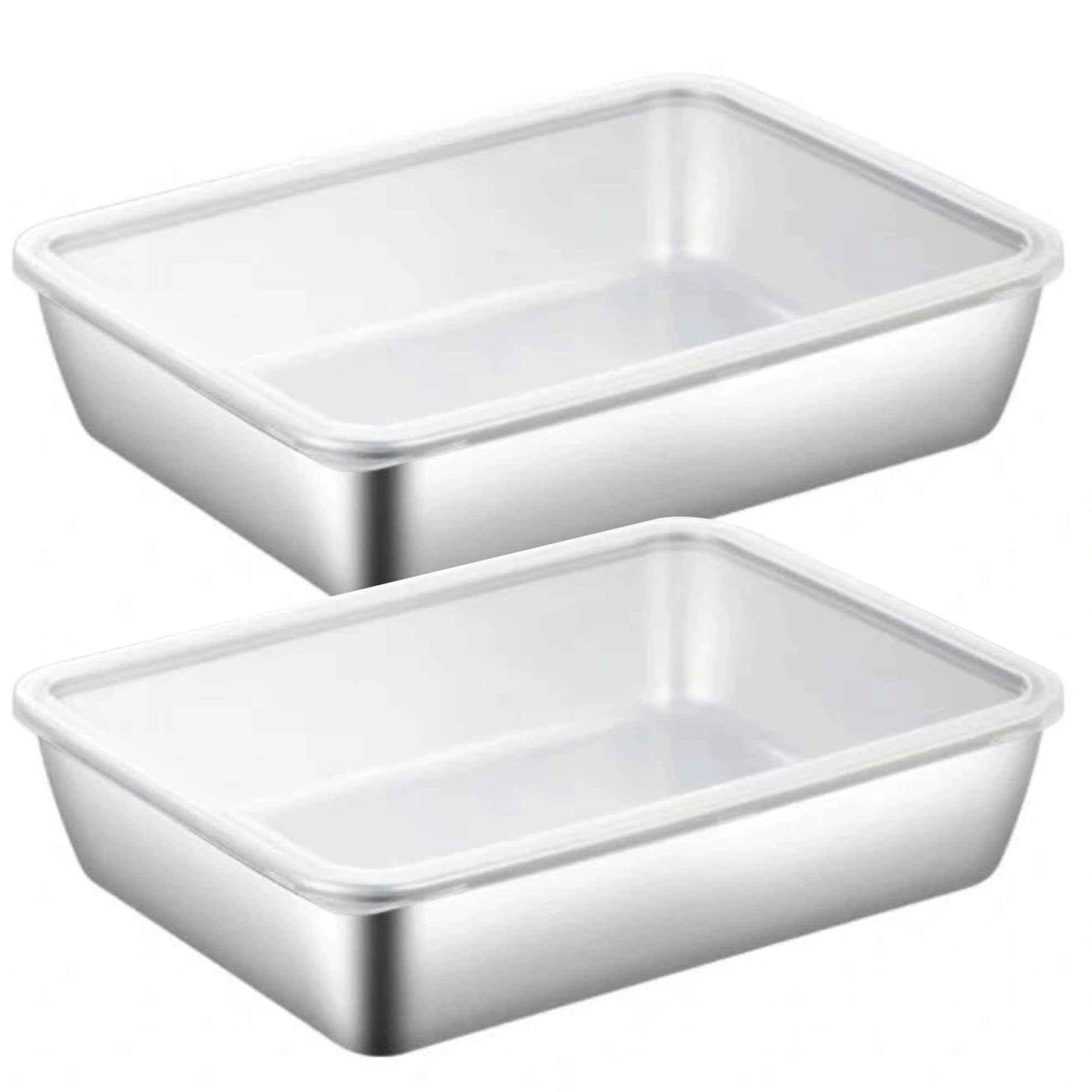 Hbbgdiy Stainless Steel Square Plate with Lid, 2PCS 10x8x2 Stainless Steel Trays for Food, Stackable Square Baking Pan with Flat