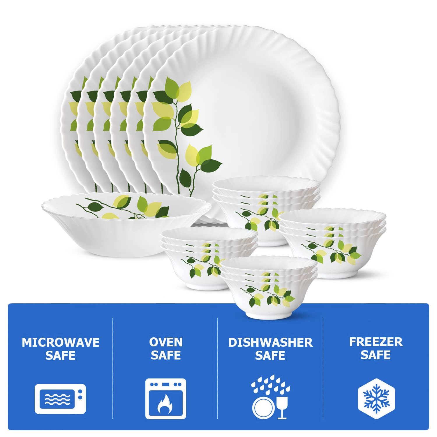 Borosil Gourmet Dinnerware Set For 6, 19 Pieces, White Dinner Plates and Bowls Sets, Chip Resistant Tempered Opal Glass, Stain R