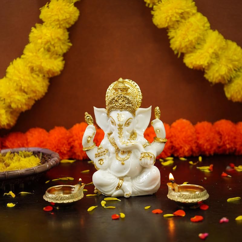 Ekhasa Aura Series Marble Dust Ganesha Idol (5 Inch) | Gold Plated Ganesh Murti For Pooja Room, Home Decor, Office Desk | Resin