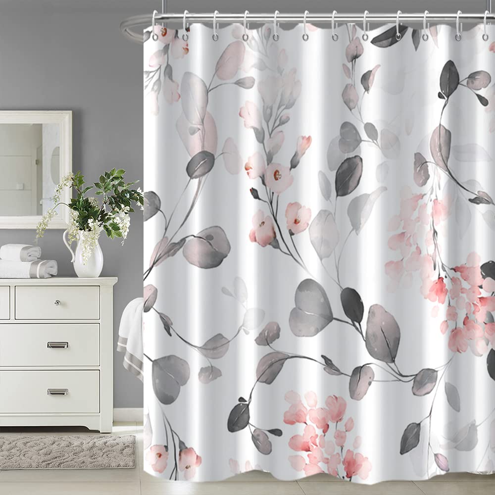 Ruelvth Grey And Pink Shower Curtain, Abstract Eucalyptus With Floral Shower Curtain Waterproof Fabric Spring Watercolor Shower