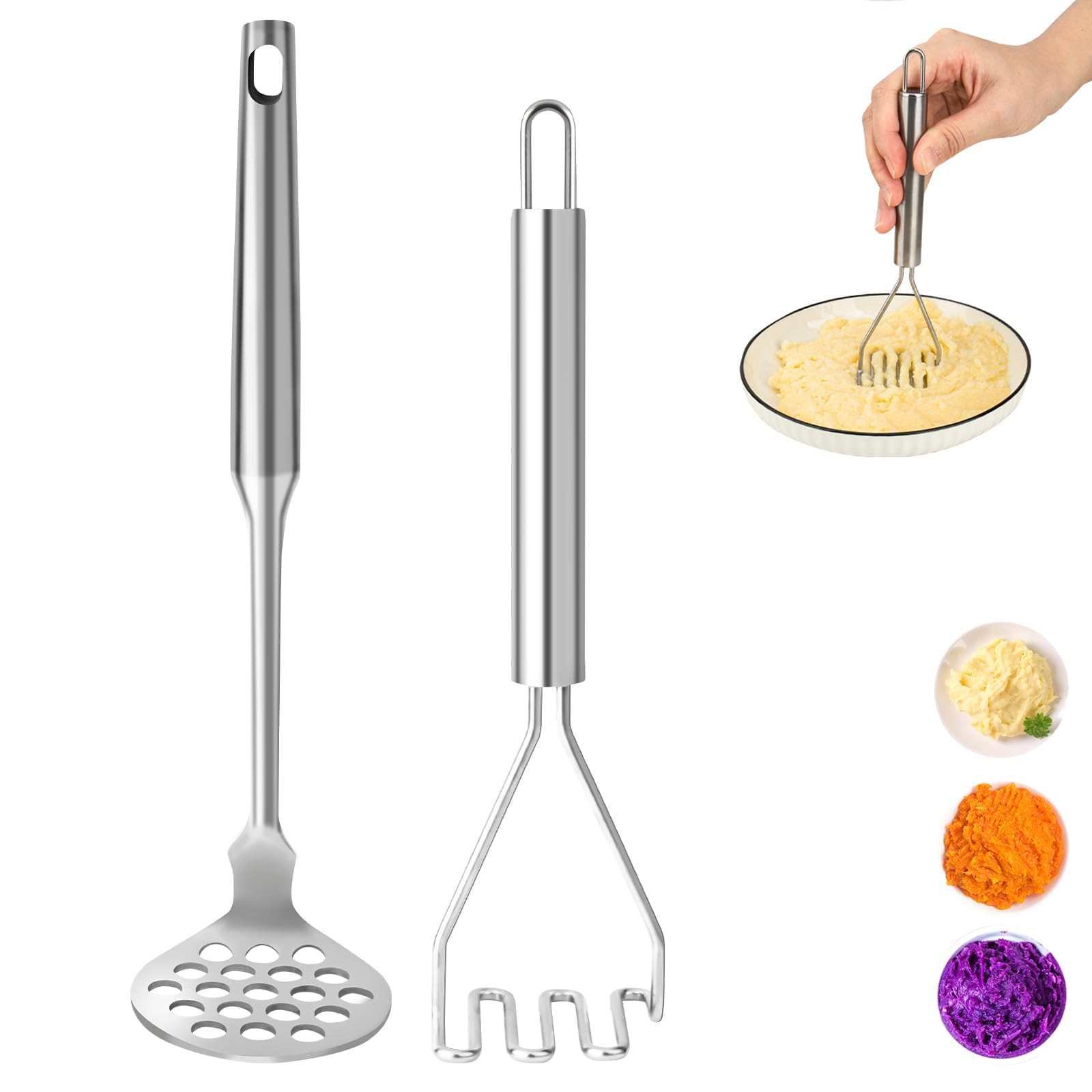 VOOVAO 2 Pcs Mini Potato Mashers,Suitable for Single Or Couples to Use,Easy to Clean 304 Stainless Steel,Size:S