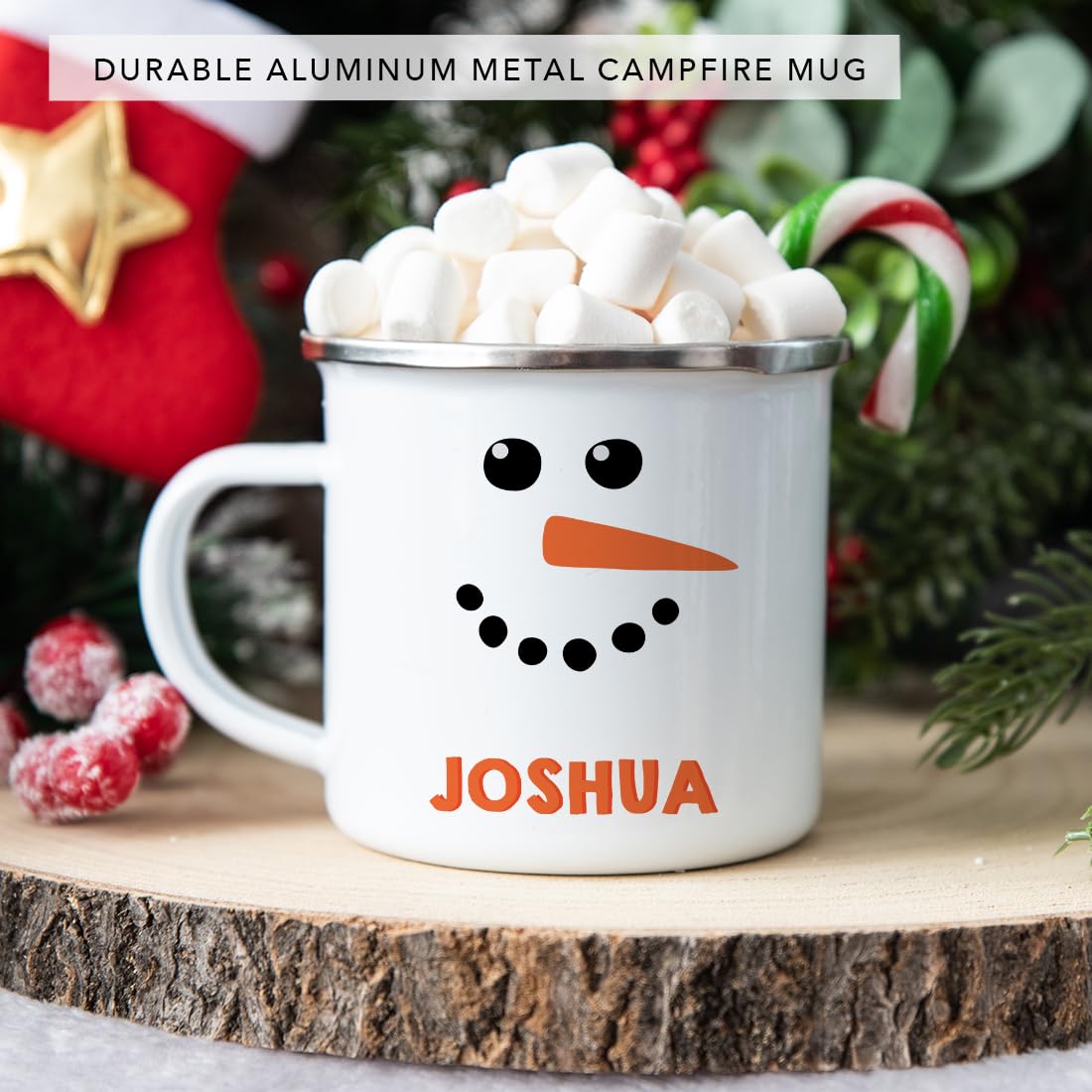 Andaz Press Personalized Kids 11Oz. Christmas Hot Chocolate Stainless Steel Campfire Coffee Mug Gift, Snowman With Carrot Nose,