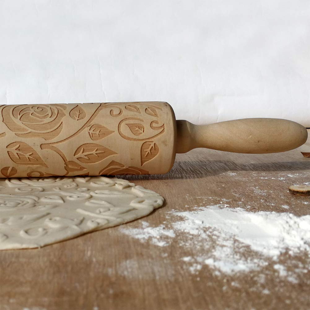CfoPiryx Wooden Rolling Pin - Rose Flower Embossed Baking Tool, Free Size, Wood Color, Ideal for Cookies and Fondant
