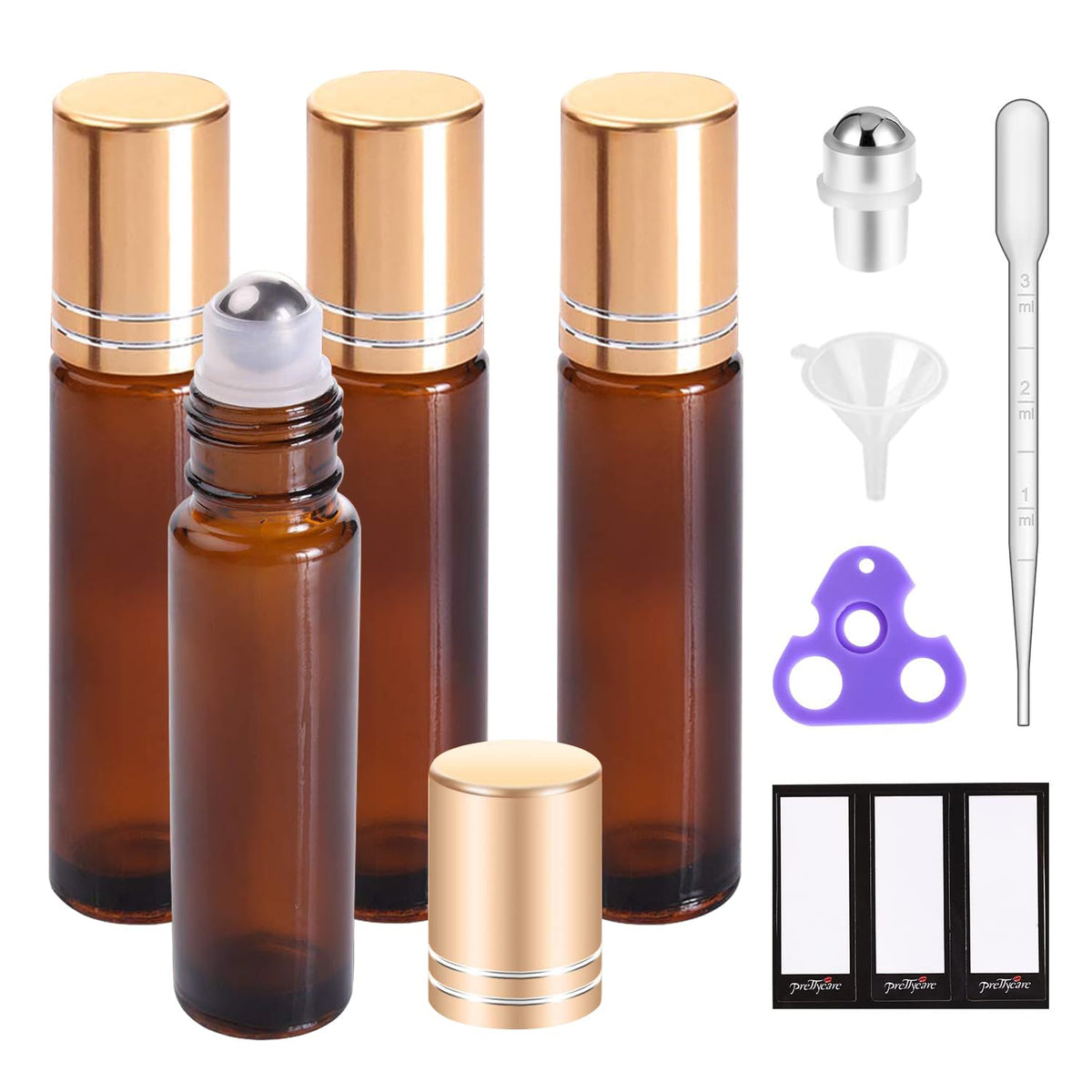 Prettycare Essential Oil Roller Bottles For Oils 10Ml Glass Amber Perfume Bottles Empty With Extra Roller Balls, Opener, Funnel,