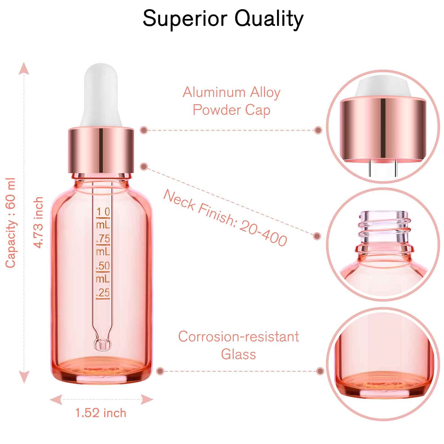 24 Pack 2 Oz Glass Eye Dropper Bottles Rose, 60 Ml Empty Tincture Dropper Bottle With Scale Droppers, 1 Extra Cap, 2 Plastic Fun