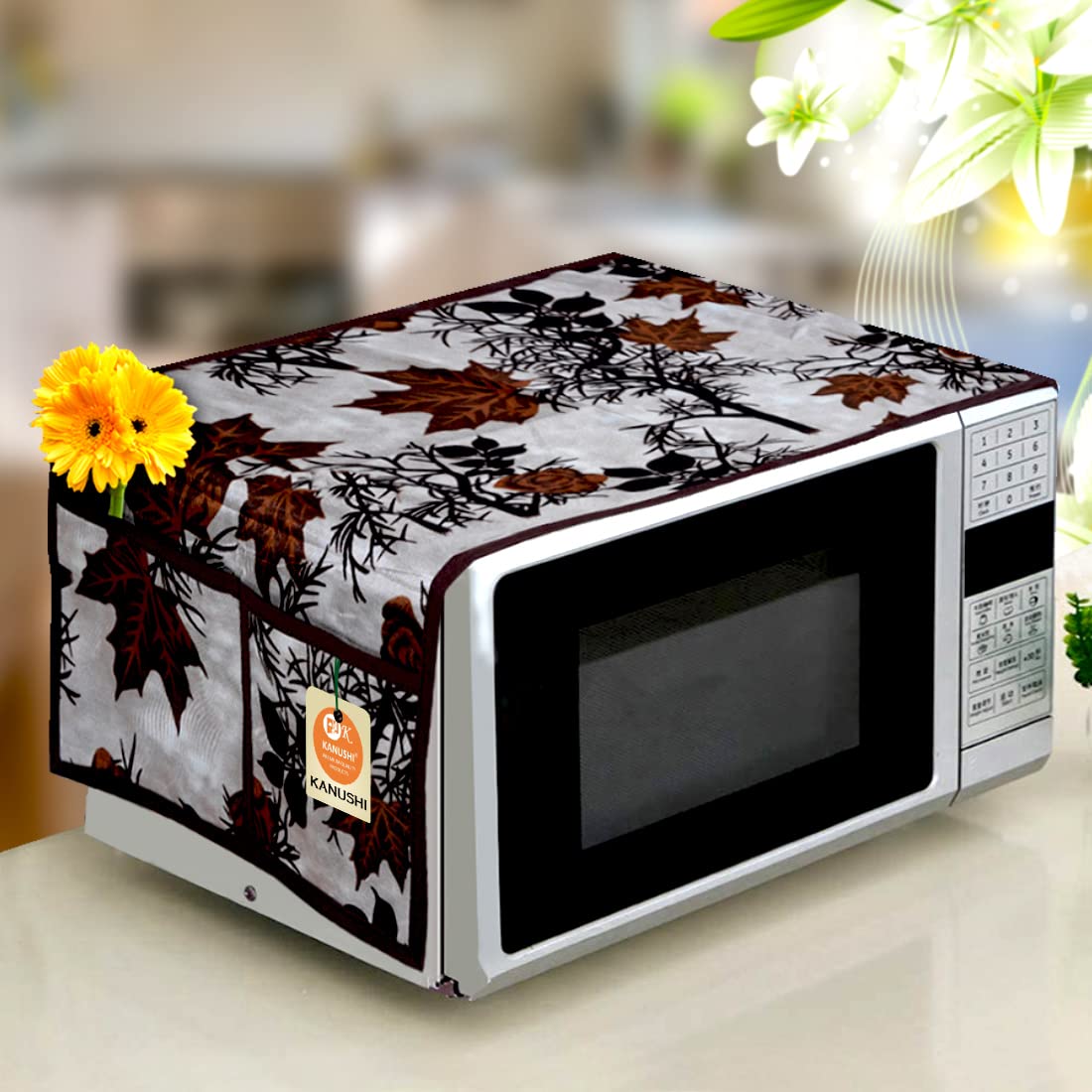 Kanushi Industries Microwave/Oven Top Cover With 4 Utility Pockets (Var-Micro-Brown-Shub-01)