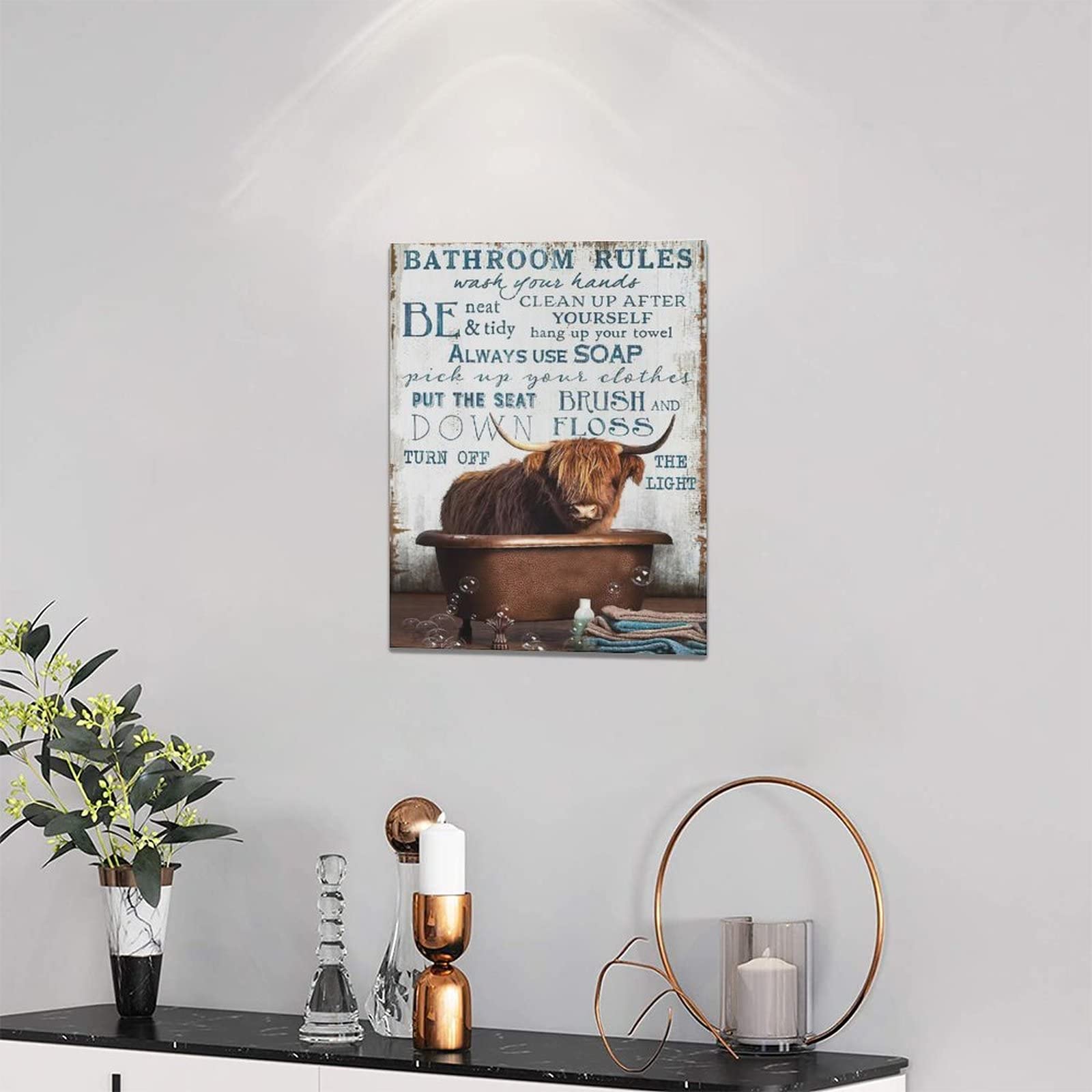 Citari Cow Wall Art Farmhouse Highland Cow Bathroom Rules Pictures Bathroom Signs Rustic Canvas Painting Funny Cow Framed Artwor