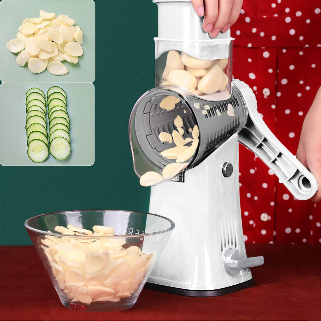 Rotary Cheese Grater Shredder 5-In-1 Tumbling Box Mandoline Vegetable Julienne Slicer Waffle Cutter Nut Chopper With Handle And