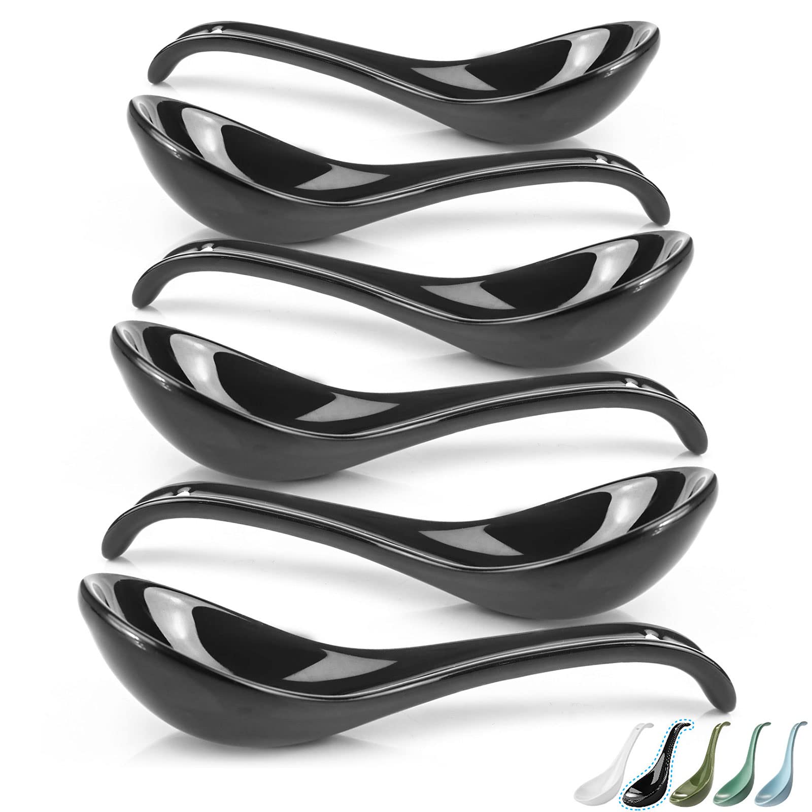 Artena 6.75-Inch Asian Soup Spoon Set Of 6, Ultra-Fine Porcelain Japanese Soup Spoon, Black Ramen Spoons For Pho Noodles Miso, C