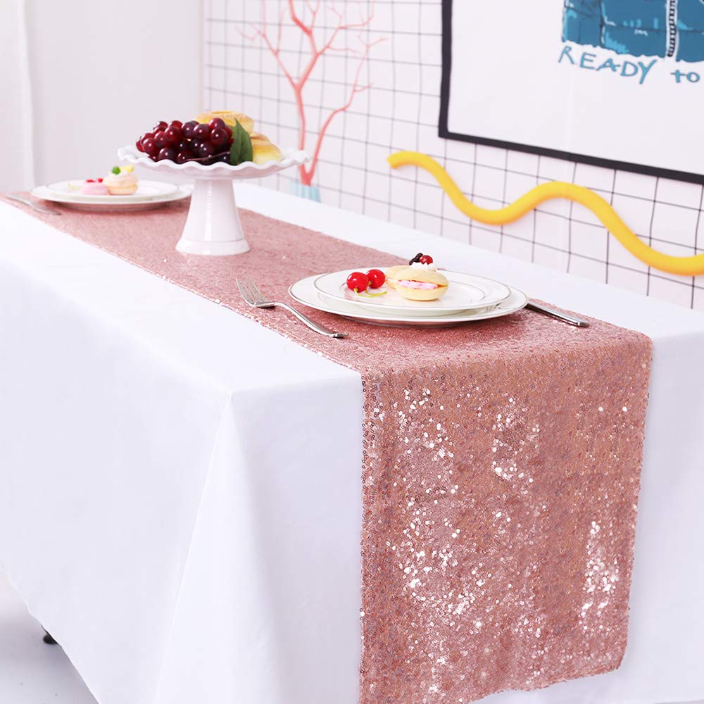 Trlyc Sequin Table Runner - 5 Packs 12X108 Inch Rose Gold Sequin Table Runner Glitter Sparkly Elegant Rectangle Wedding Party Ch
