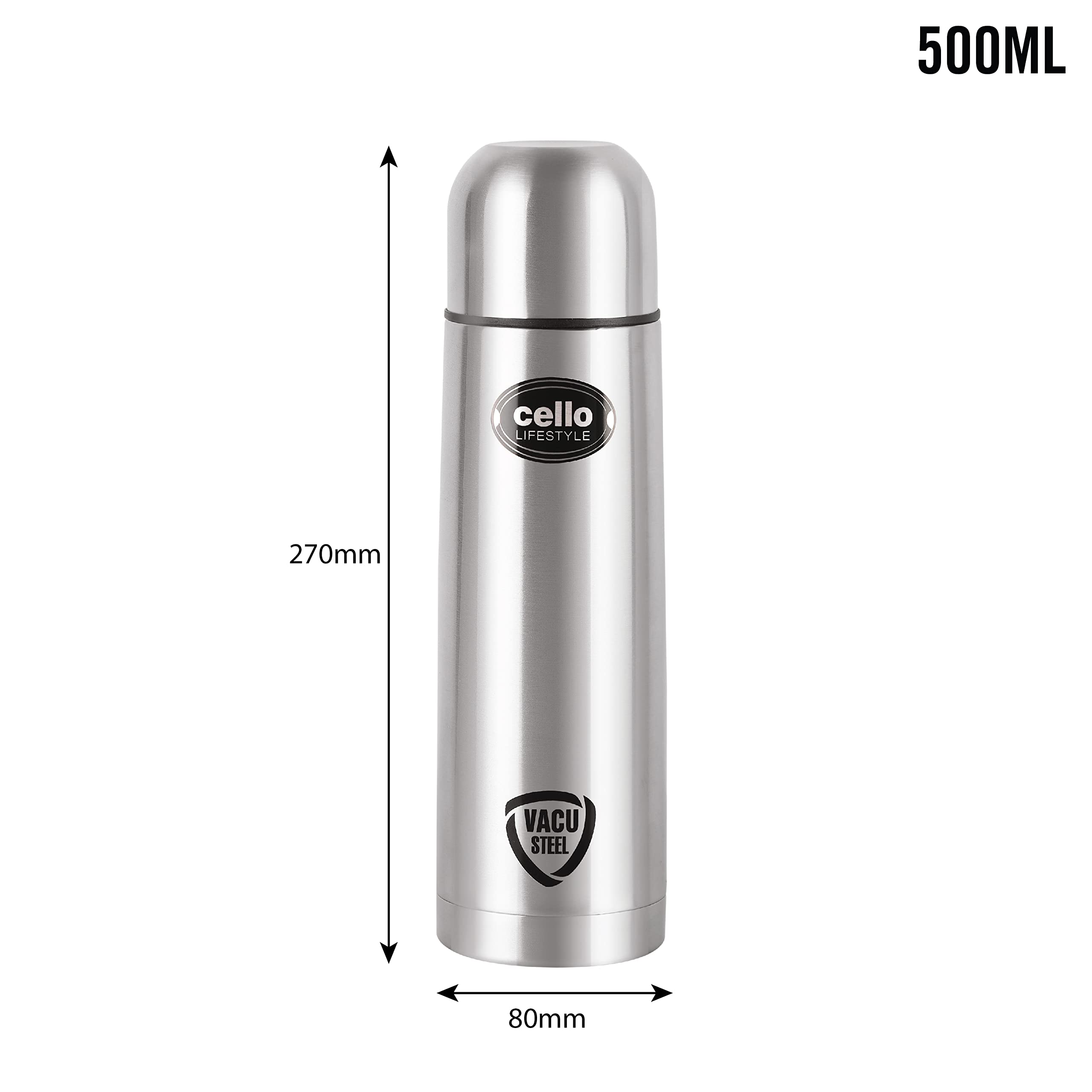 Cello Lifestyle Thermosteel Water Bottle, 500ml, Silver | 24 Hours Hot and Cold | Flask for Tea Coffee | Leak Proof & Push-Down