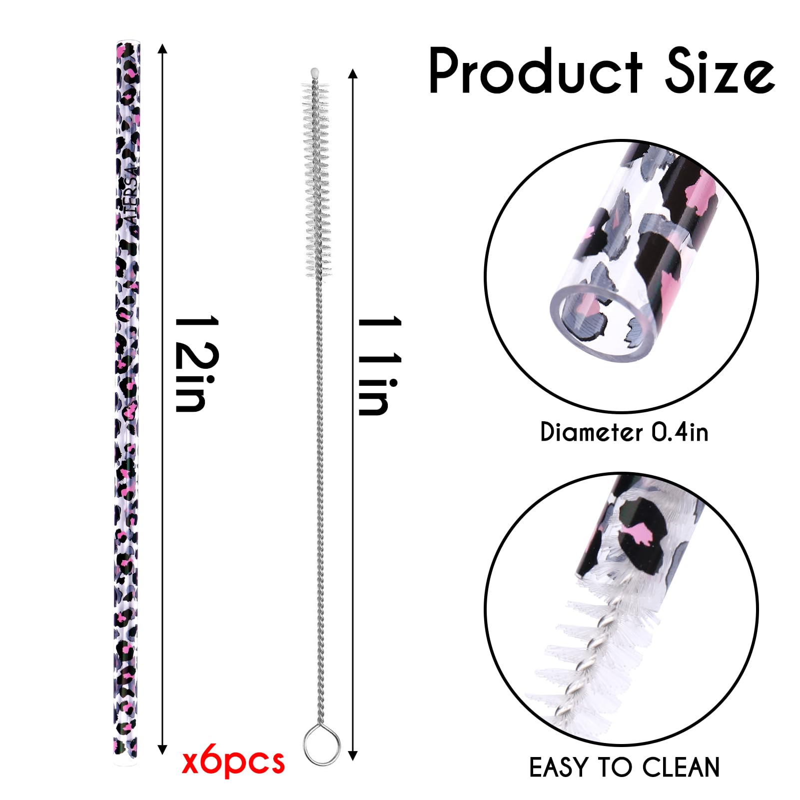 AIERSA 6 Pack Leopard Straw Replacement 40oz for Stanley Plastic Reusable Straw for Stanley Adventure Quencher Travel Tumbler Long Straws with Cleaning Brush for Stanley Cup Accessories