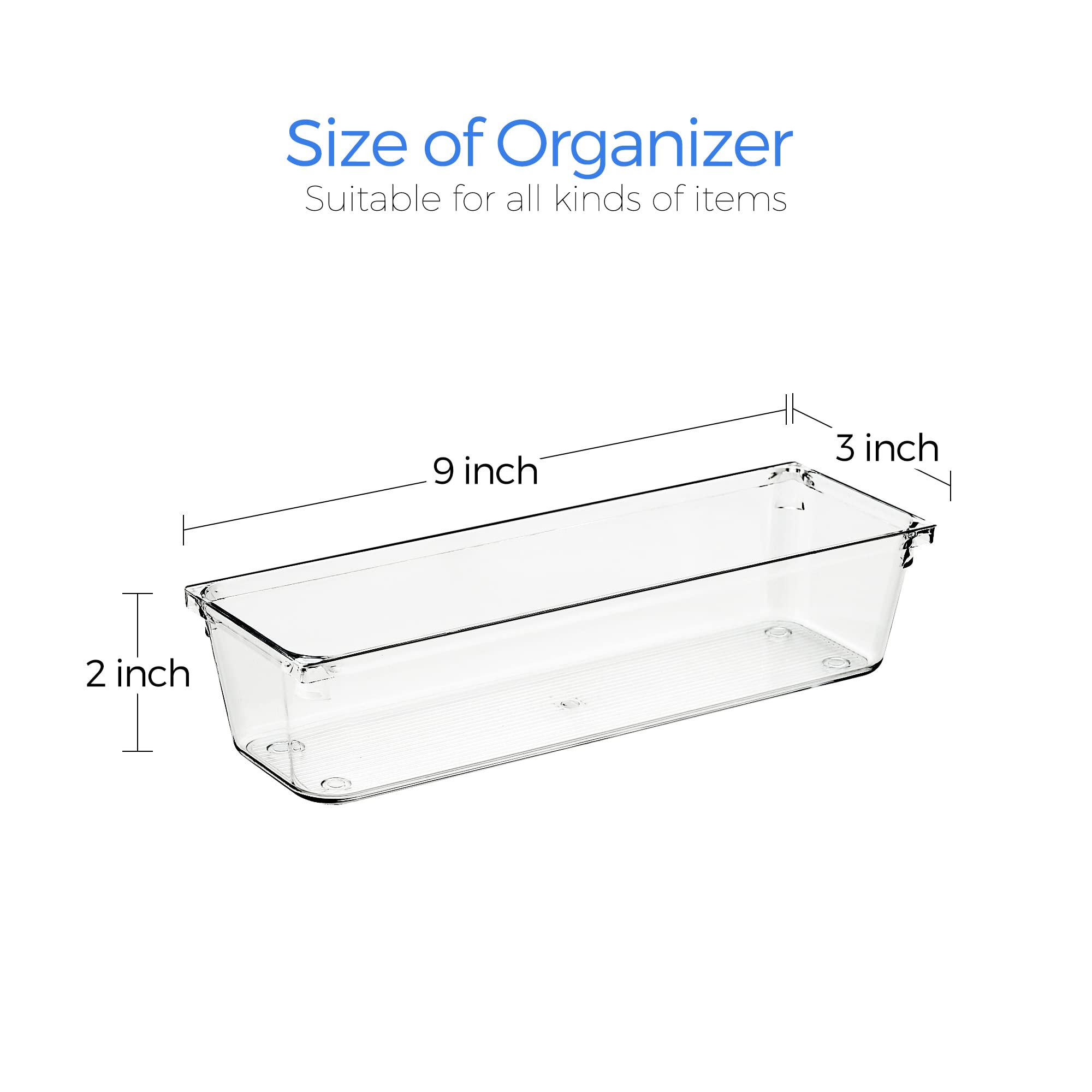 Ravinte 6 Pack Drawer Organizer - 3'' X 9'' Plastic Storage Bins, Acrylic Organizers with Non-Slip Pads Clear Desk Storage Tray