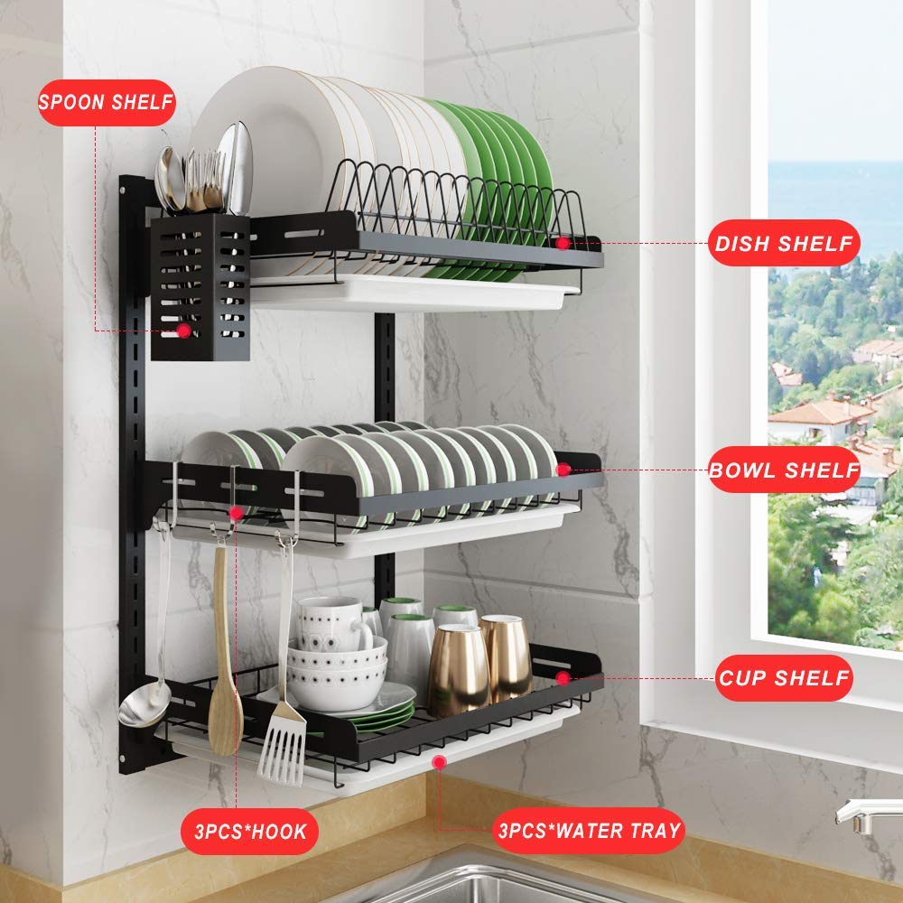 Junyuan Hanging Dish Drying Rack Wall Mount,Dish Racks Drainer,3 Tier Kitchen Plate Organizer Storage Shelf With Drain Tray With