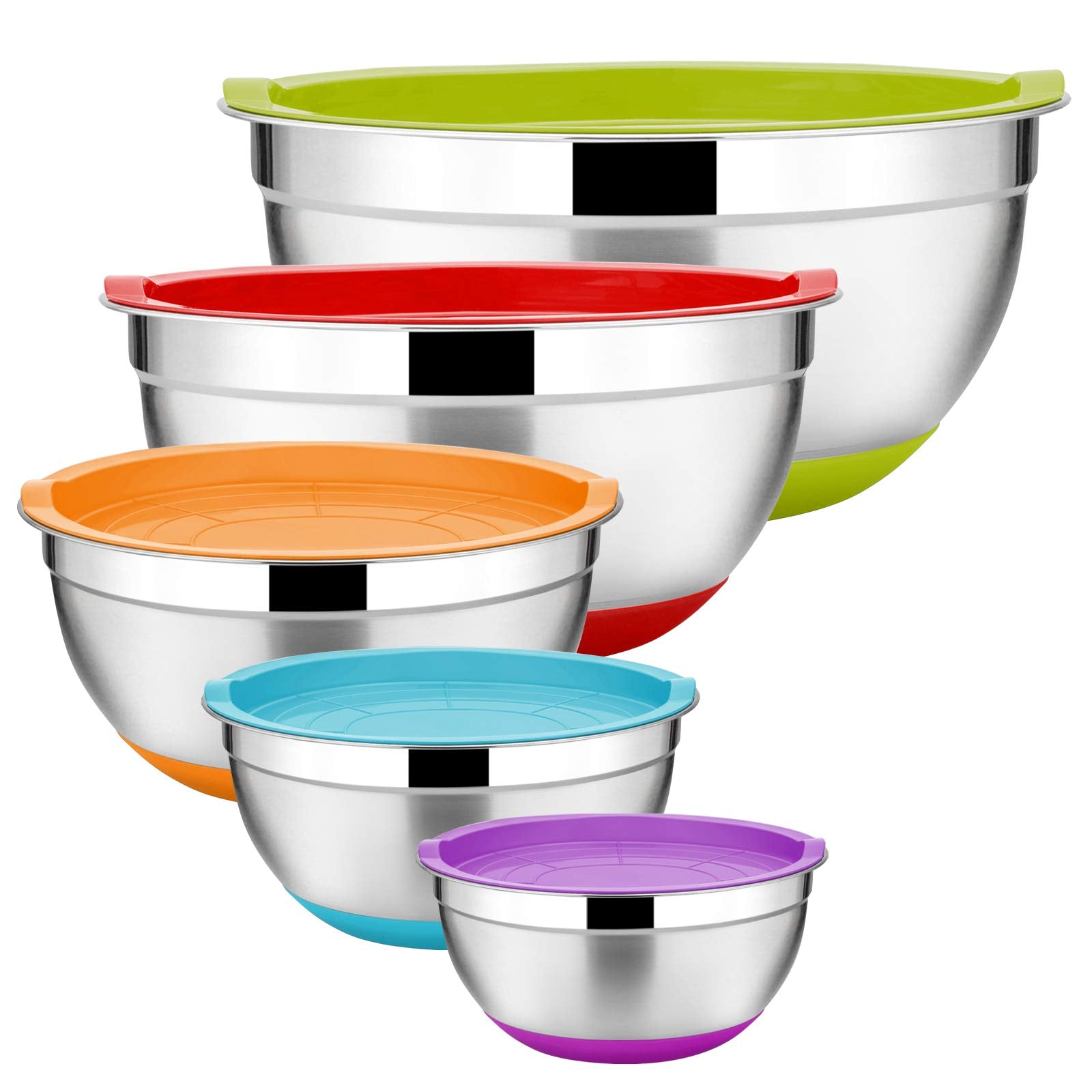 E-Far Stainless Steel Mixing Bowls Set Of 5, Size 7/3.5/2.5/1.5/1 Qt, Metal Nesting Bowls With Colorful Airtight Lids & Non-Slip