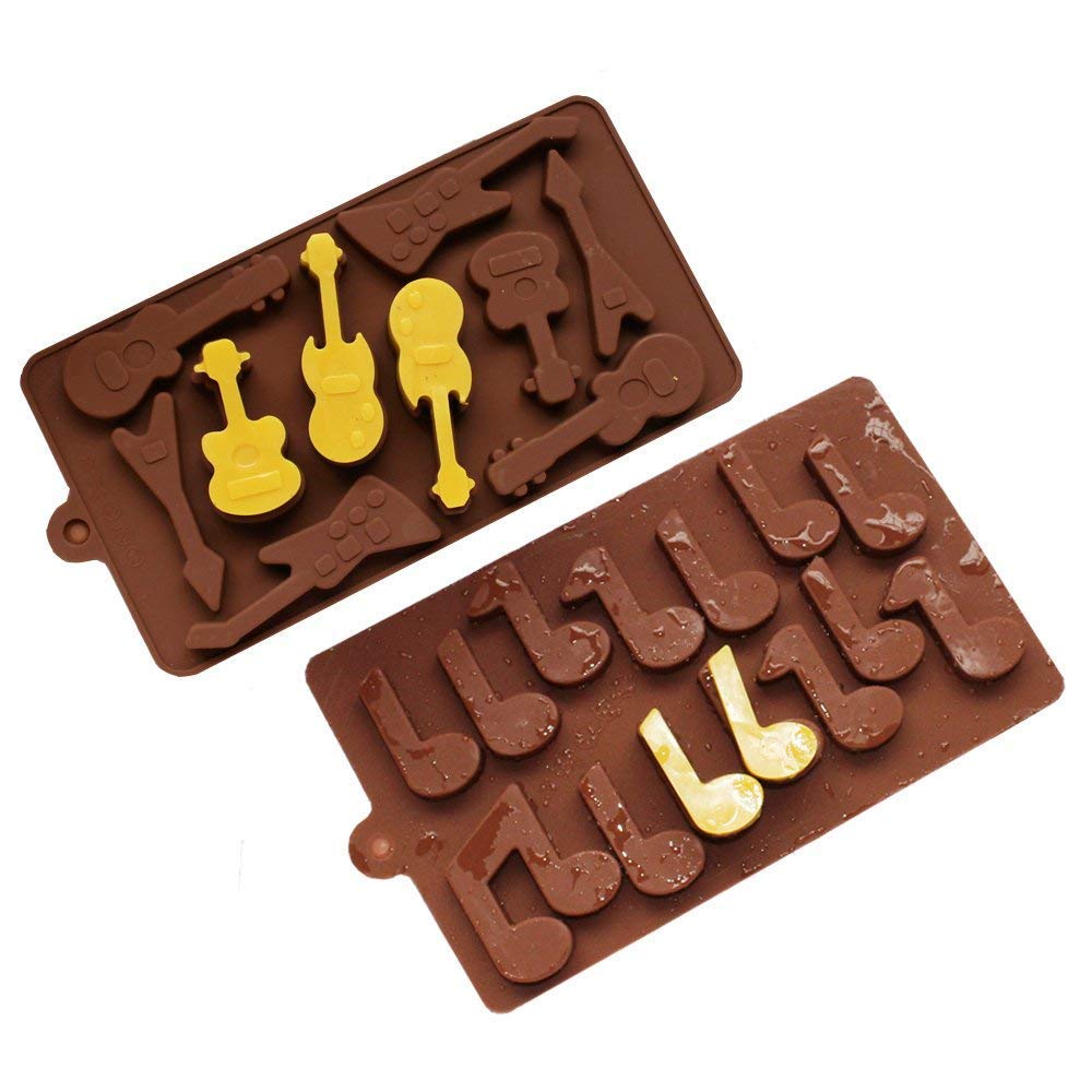 2-Pack Guitar And Musical Note Molds Set - Mold Music Instruments Silicone Mold For Chocolate, Jello Shot, Ice Cubes, Cake Decor