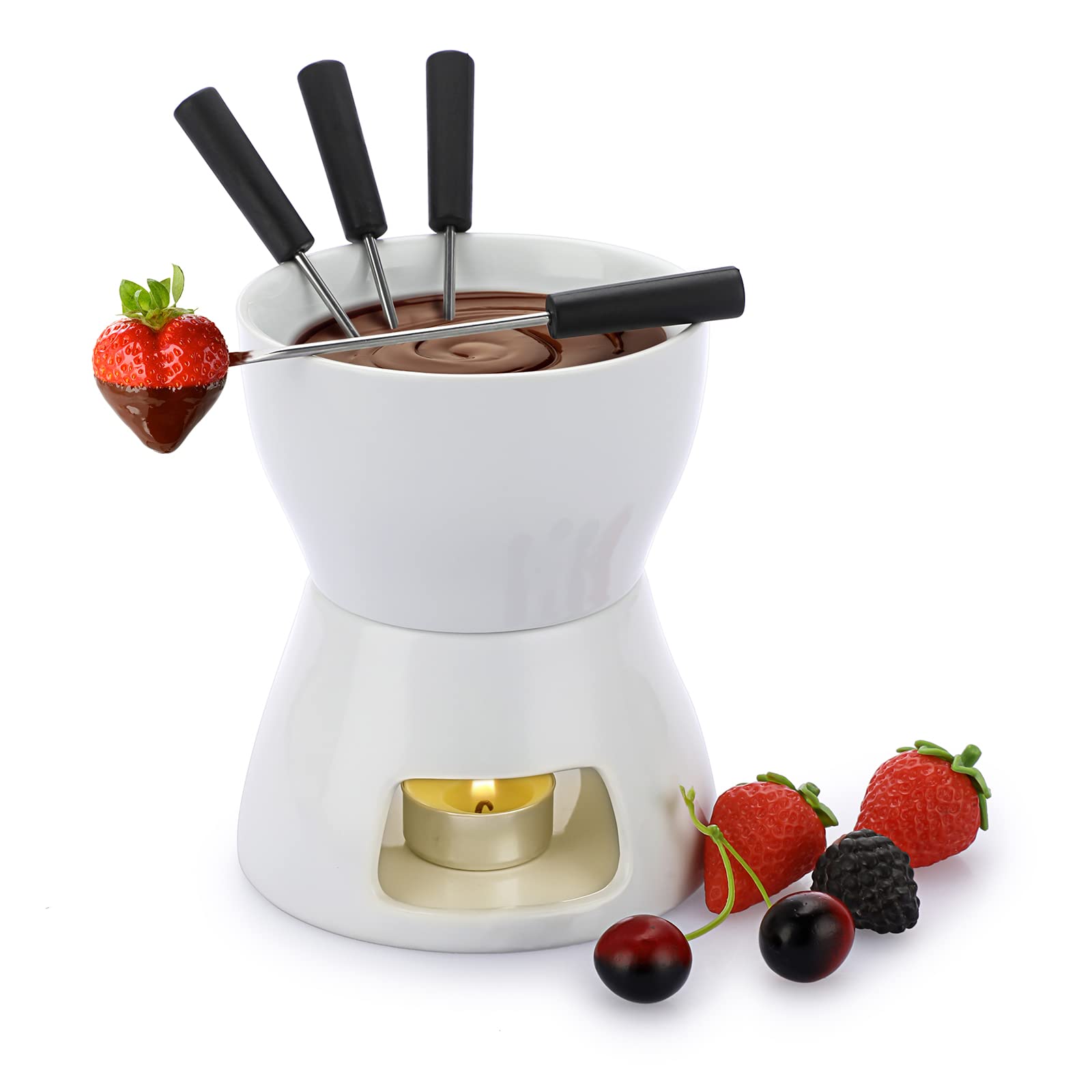 Bstkey 400Ml Ceramic Butter Warmer Set With 4 Forks, Fondue Pot Melting Pot Set, Melt Hot Pot Bowl Set For Cheese Chocolate Butt