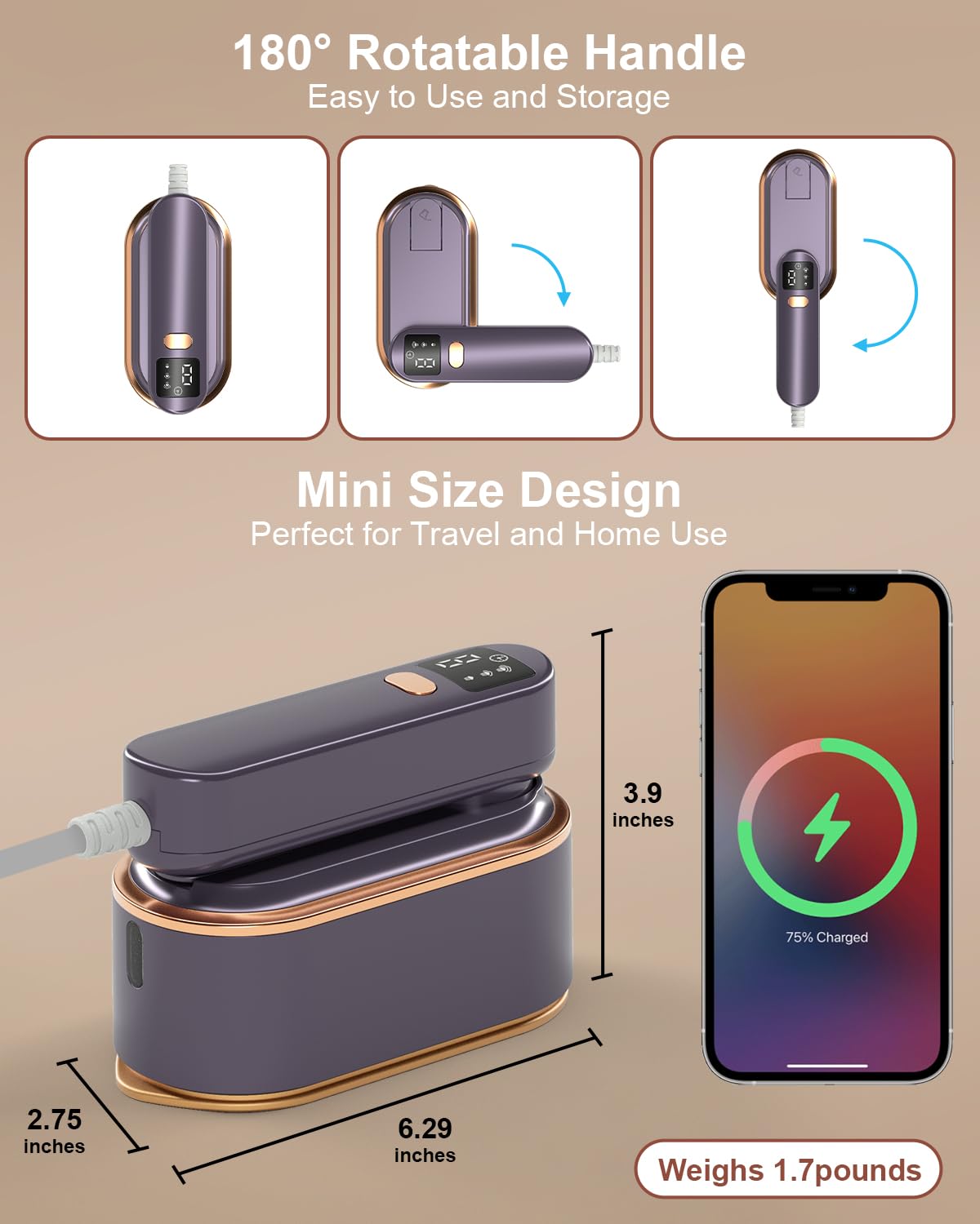 Travel Steamer Iron for Clothes - 1200W Handheld Size Portable Travel Steamer, 3 Steam Levels Clothes Steamer with LCD Screen, 1