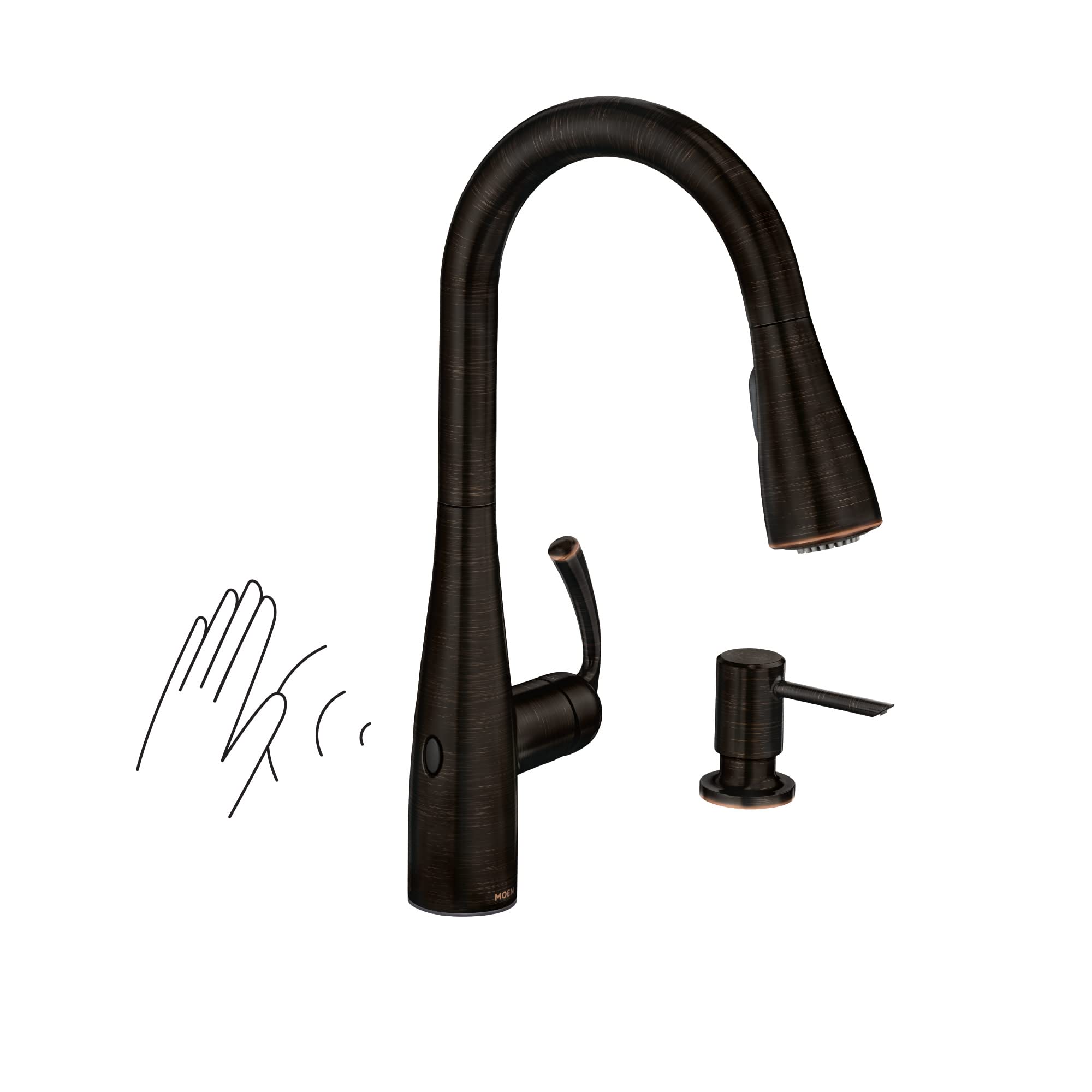 Moen Essie Mediterranean Bronze MotionSense Wave One-Handle Touchless Kitchen Faucet with Pulldown Sprayer and Soap Dispenser, 8