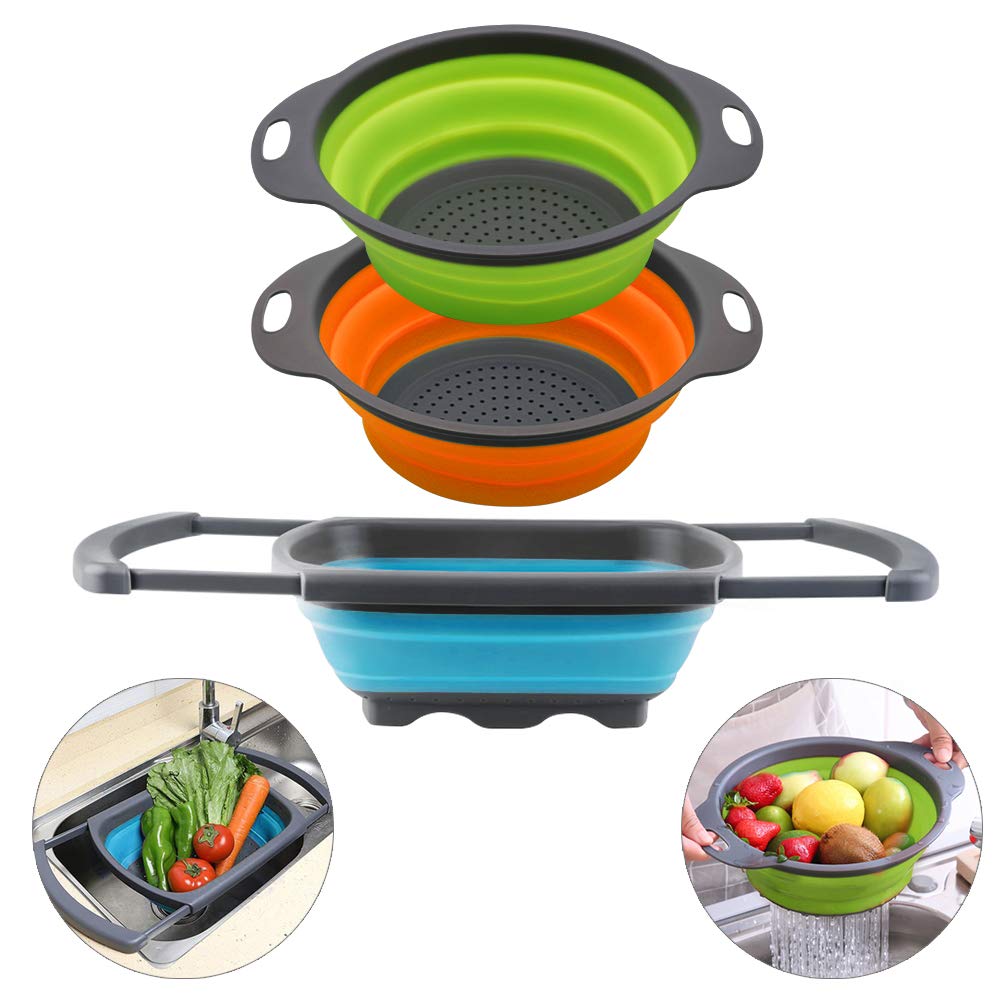 QiMH Collapsible Colander Set of 3-2 PC 4 Quart and 1 PC 6 Quart Over the Sink Colander - Food-Grade Sturdy Plastic Base - Round